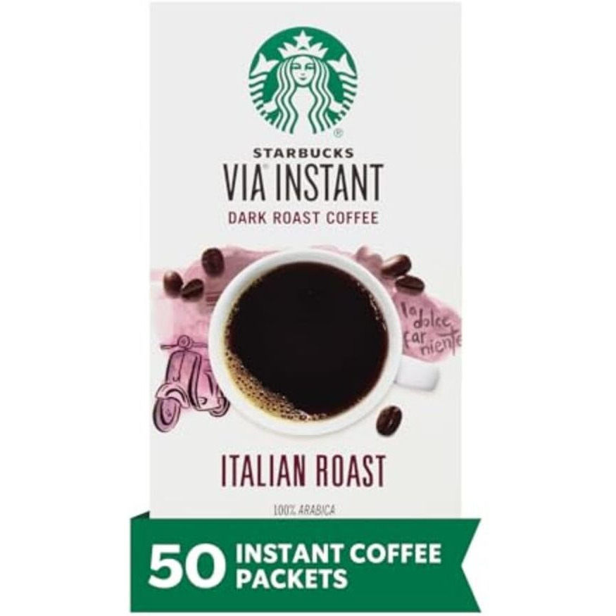 Starbucks Via Instant Coffee, Dark Roast Coffee, Italian Roast, 100% Arabica, 1 Box (50 Packets)