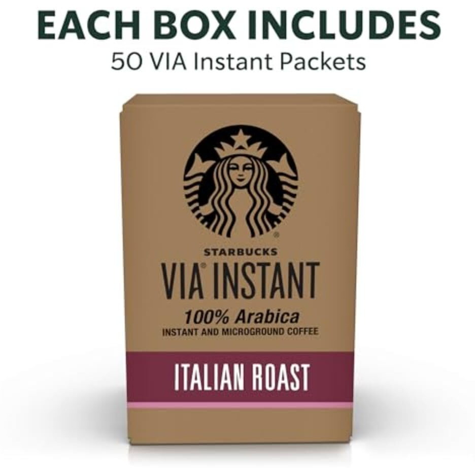 Starbucks Via Instant Coffee, Dark Roast Coffee, Italian Roast, 100% Arabica, 1 Box (50 Packets)