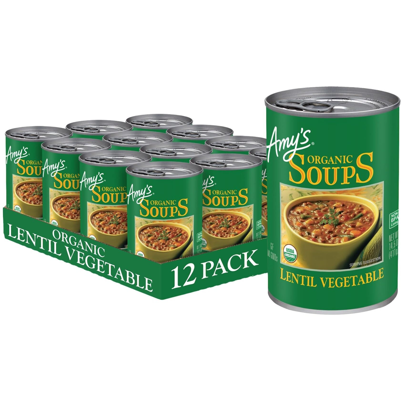 Amys Soup, Vegan Lentil Vegetable Soup, Gluten Free, Made With Organic Vegetables, Canned Soup, 14.5 Oz (12 Pack)