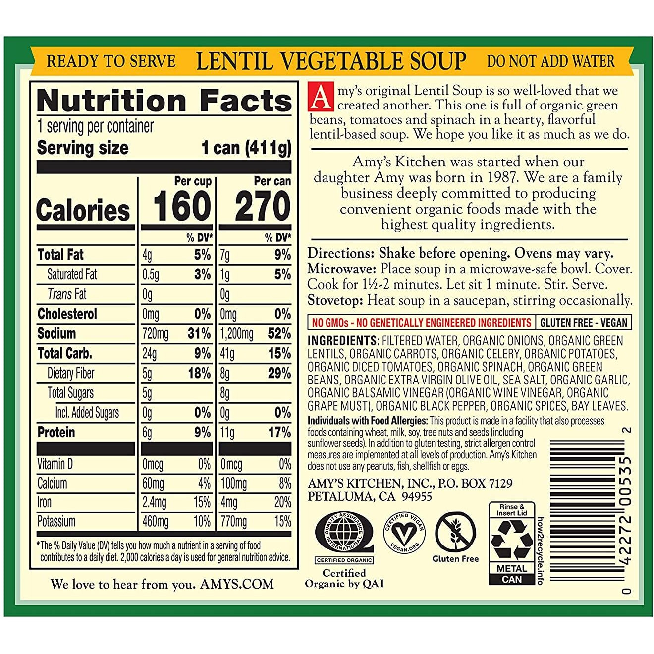 Amys Soup, Vegan Lentil Vegetable Soup, Gluten Free, Made With Organic Vegetables, Canned Soup, 14.5 Oz (12 Pack)