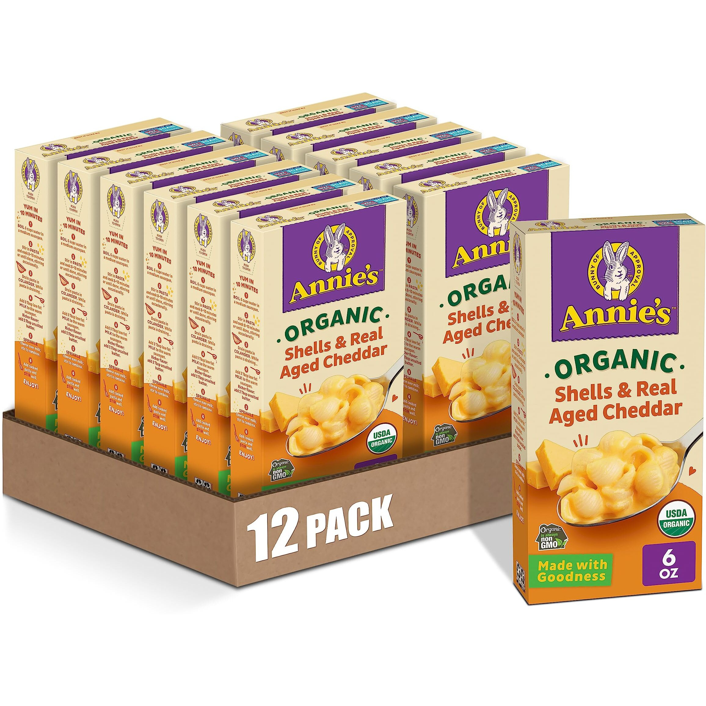 Annies Shells Real Aged Cheddar Organic Mac And Cheese Dinner With Organic Pasta, 6 Oz (Pack Of 12)