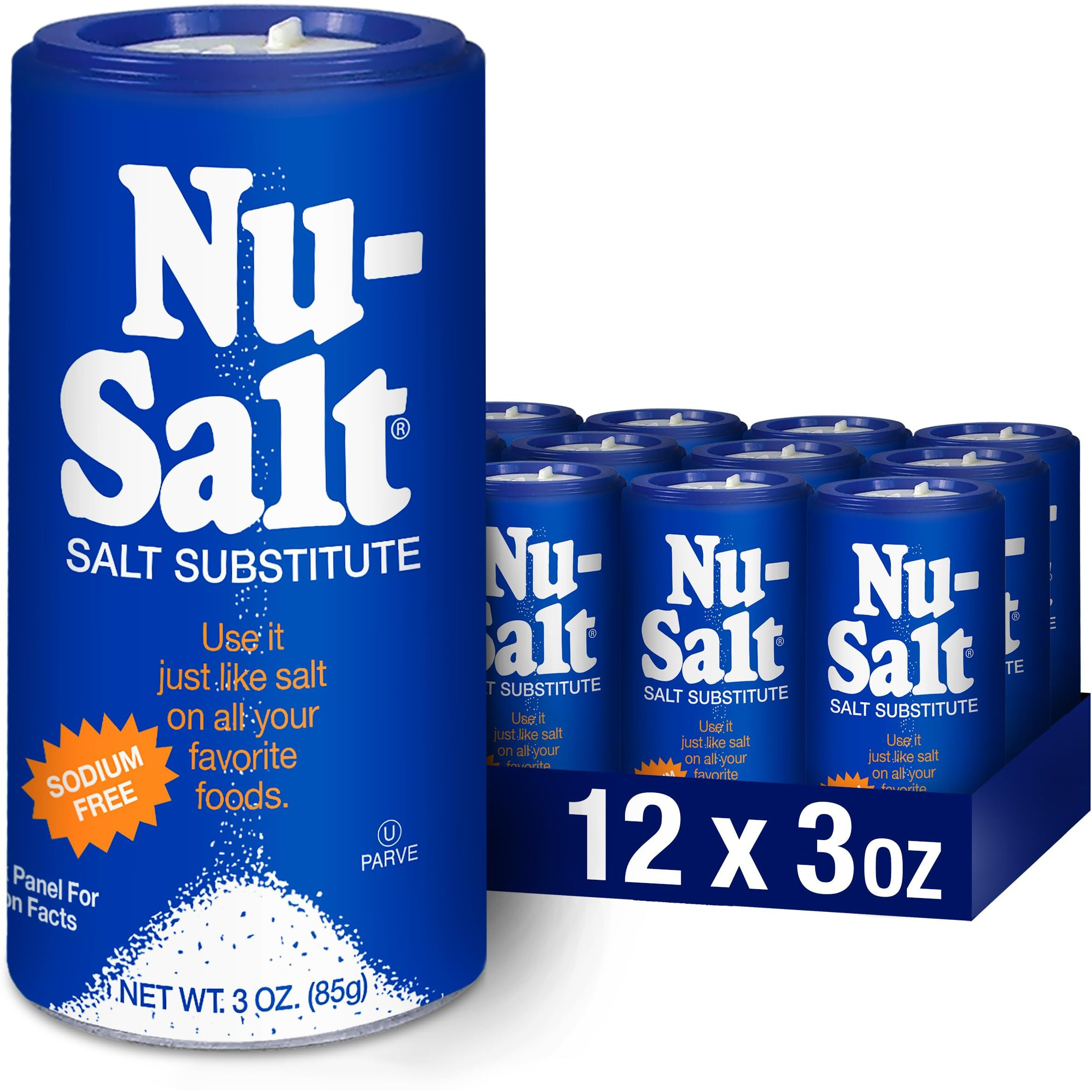 Nu-Salt Sodium-Free Salt Substitute, Contains Potassium Chloride, Table Salt Alternative, Vegan, Good For Chips, Pretzels, French Fries, Popcorn Seasoning, 3Oz Shaker Bottle (Pack Of 12)