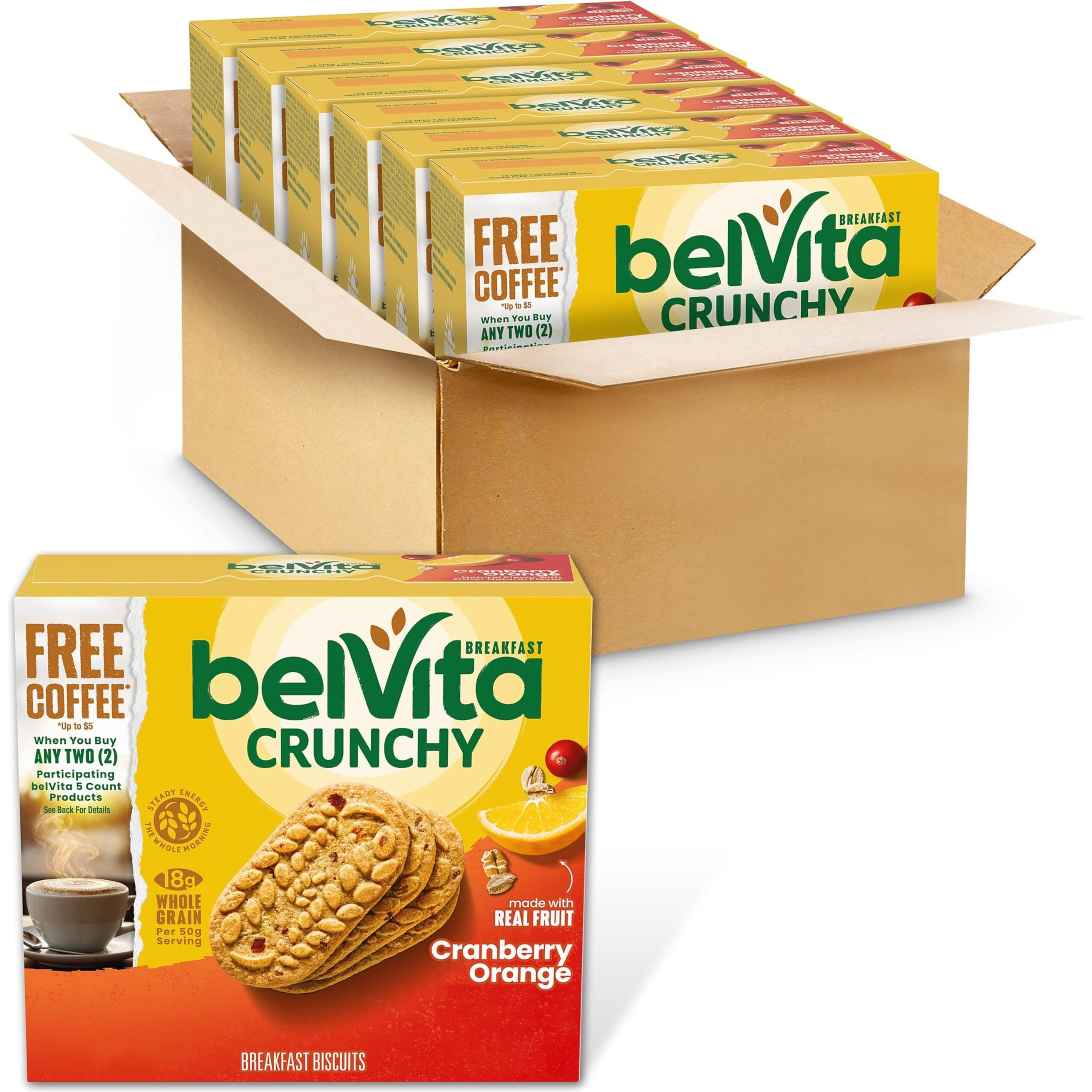 Belvita Cranberry Orange Breakfast Biscuits, 30 Total Packs, 6 Boxes (5 Biscuits Per Pack)