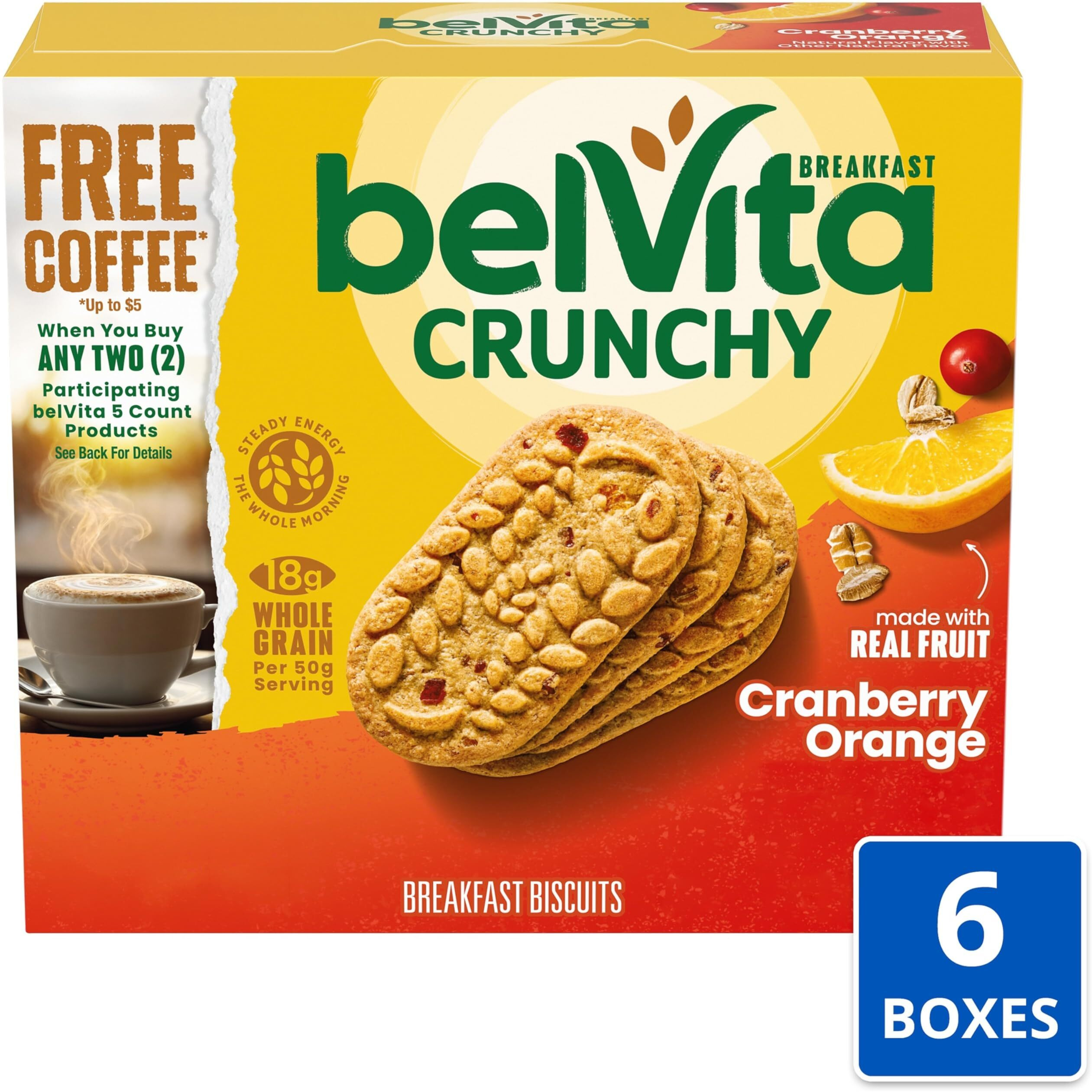 Belvita Cranberry Orange Breakfast Biscuits, 30 Total Packs, 6 Boxes (5 Biscuits Per Pack)