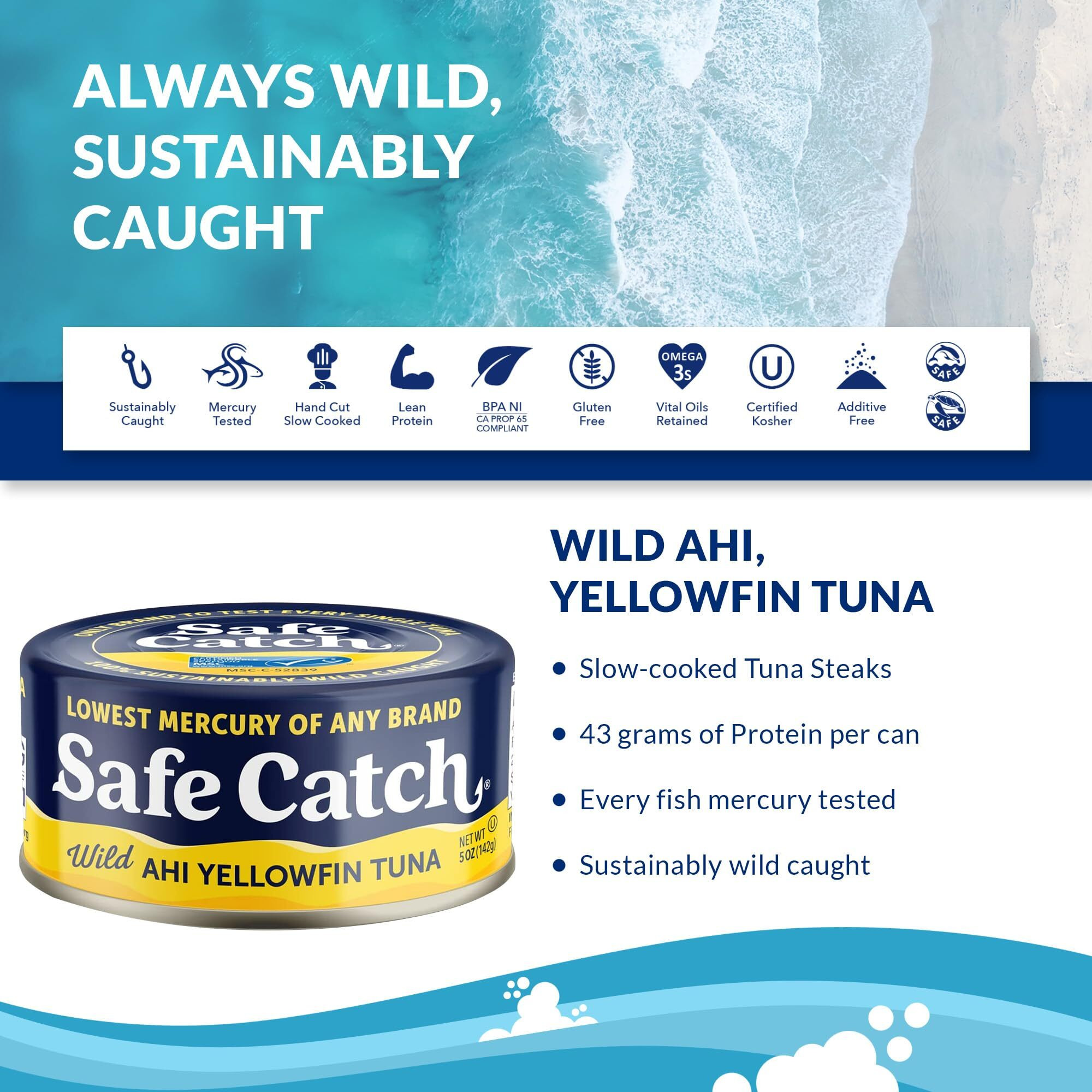 Safe Catch Wild Ahi Yellowfin Tuna Fish Canned, Wild Caught, Lowest Mercury, Lean Protein, Omega 3, Gluten-Free, Kosher, Pack Of 6