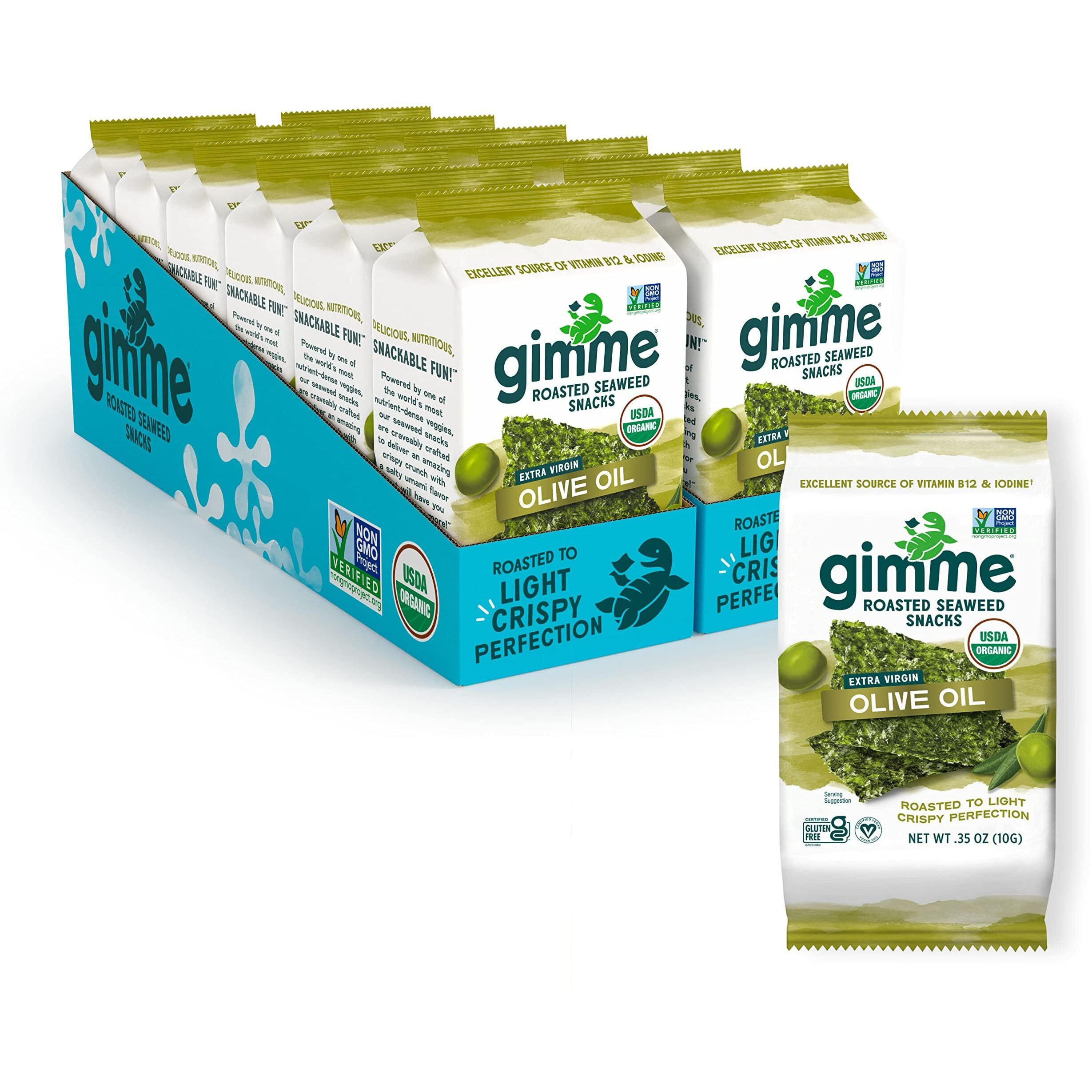 Gimme Organic Roasted Seaweed Sheets - Extra Virgin Olive Oil - 12 Sharing Packs - Keto, Vegan, Gluten Free - Great Source Of Iodine And Omega 3S - Healthy On-The-Go Snack For Kids & Adults