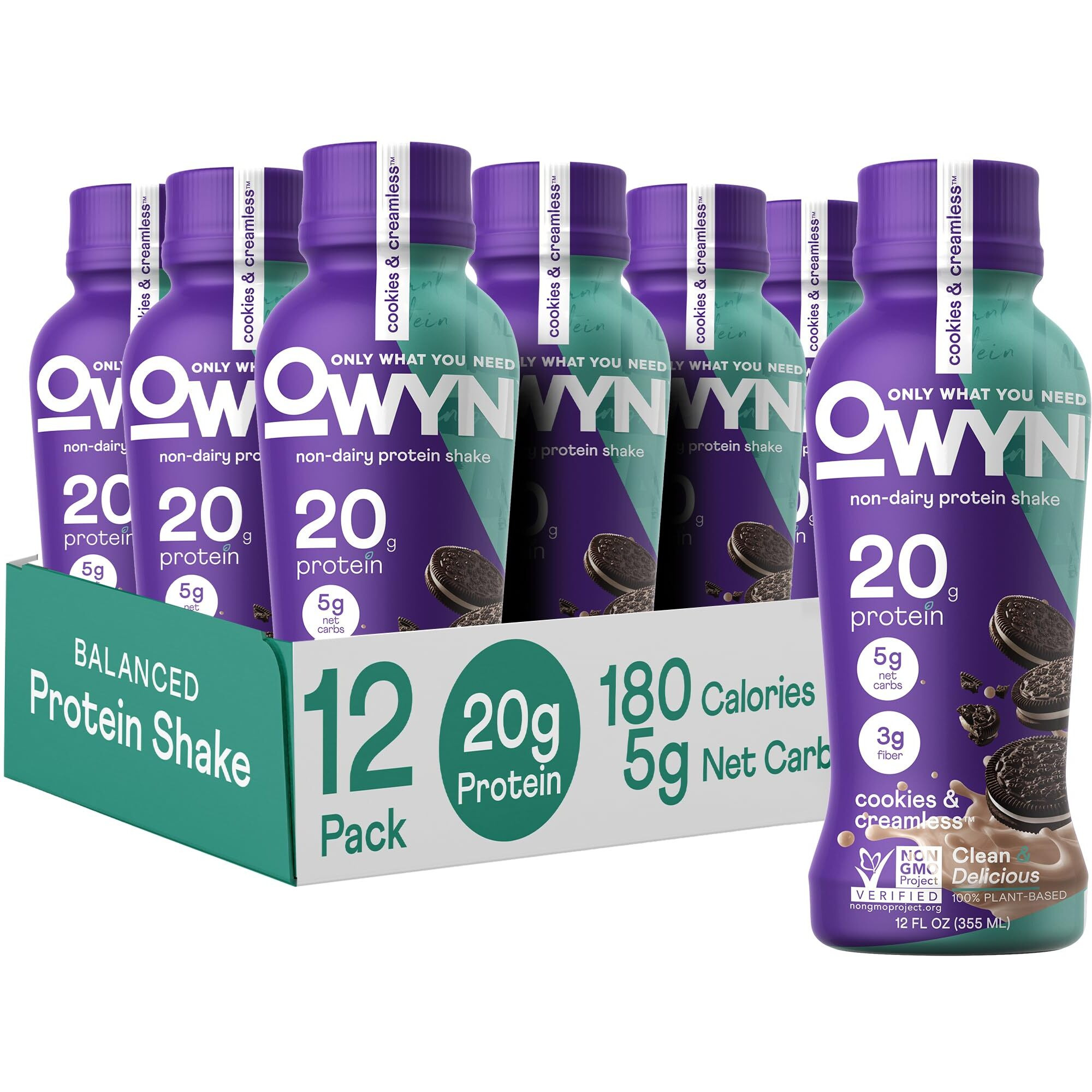 Owyn Only What You Need Plant Based Protein Shake, 20G Vegan Protein From Organic Pumpkin Seed, Flax, Pea Blend, Prebiotic Supplement, Superfood Greens, Gluten & Soy-Free (Cookies & Creamless)