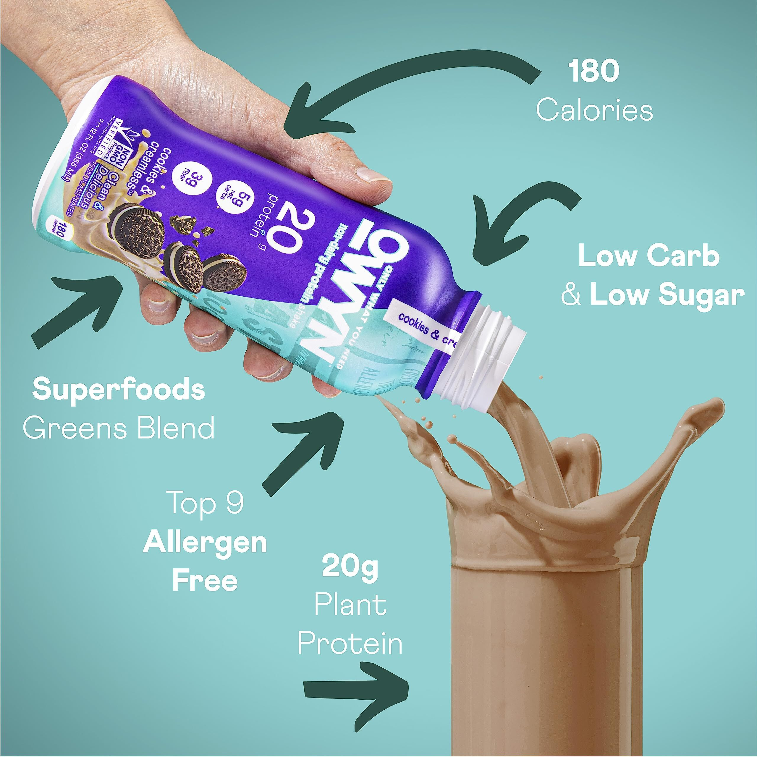 Owyn Only What You Need Plant Based Protein Shake, 20G Vegan Protein From Organic Pumpkin Seed, Flax, Pea Blend, Prebiotic Supplement, Superfood Greens, Gluten & Soy-Free (Cookies & Creamless)