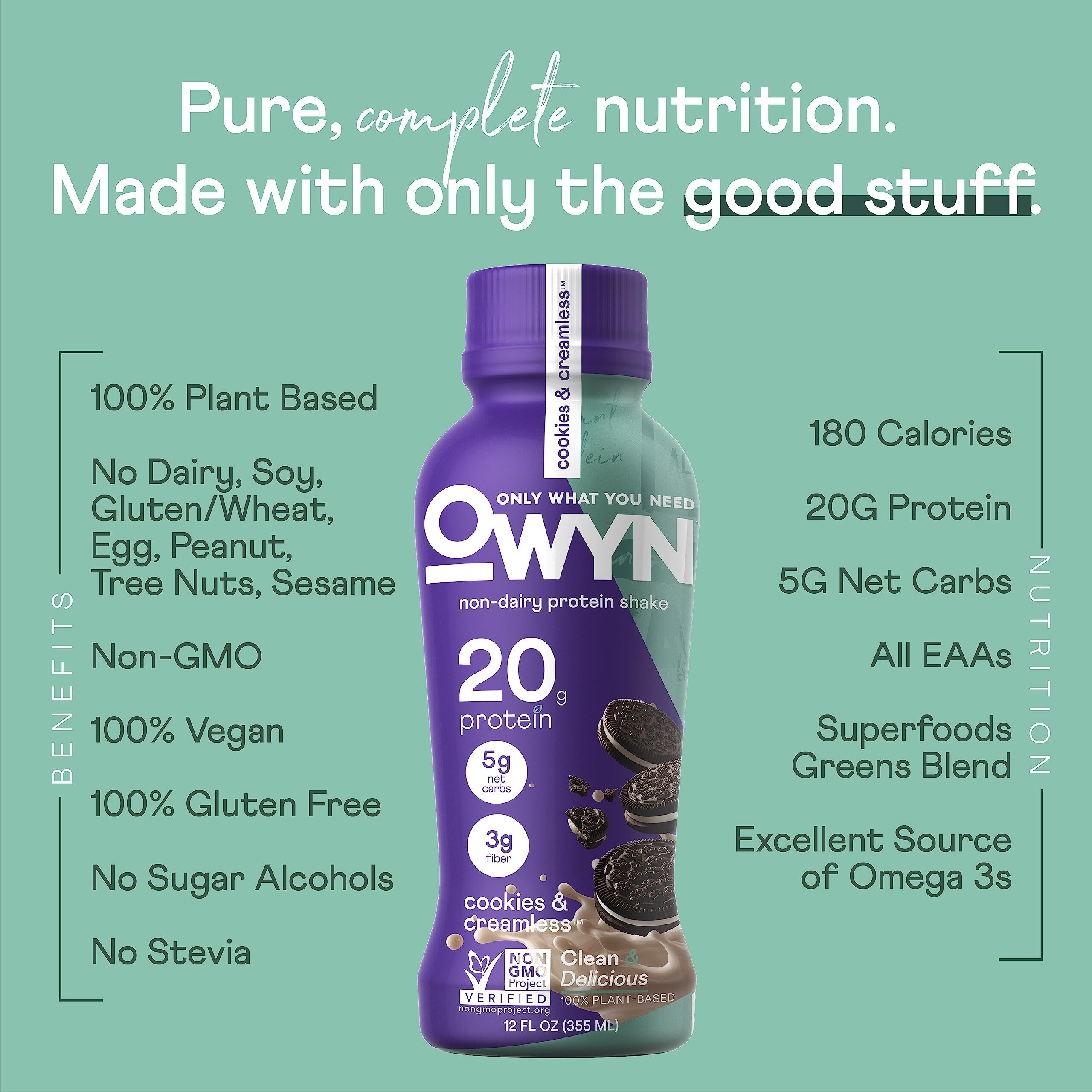 Owyn Only What You Need Plant Based Protein Shake, 20G Vegan Protein From Organic Pumpkin Seed, Flax, Pea Blend, Prebiotic Supplement, Superfood Greens, Gluten & Soy-Free (Cookies & Creamless)