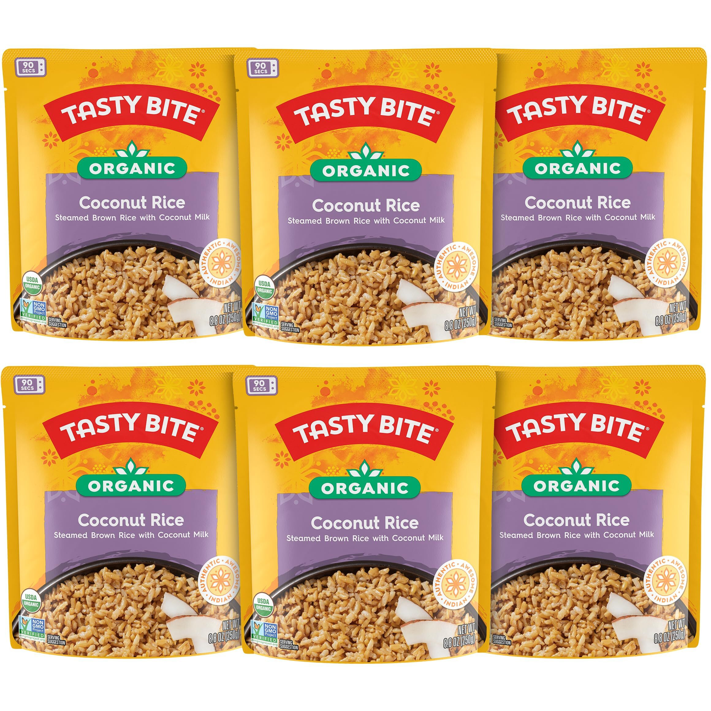 Tasty Bite Organic Coconut Rice, 8.8 Ounce, Pack Of 6, Ready To Eat, Microwavable, Vegan, Gluten-Free