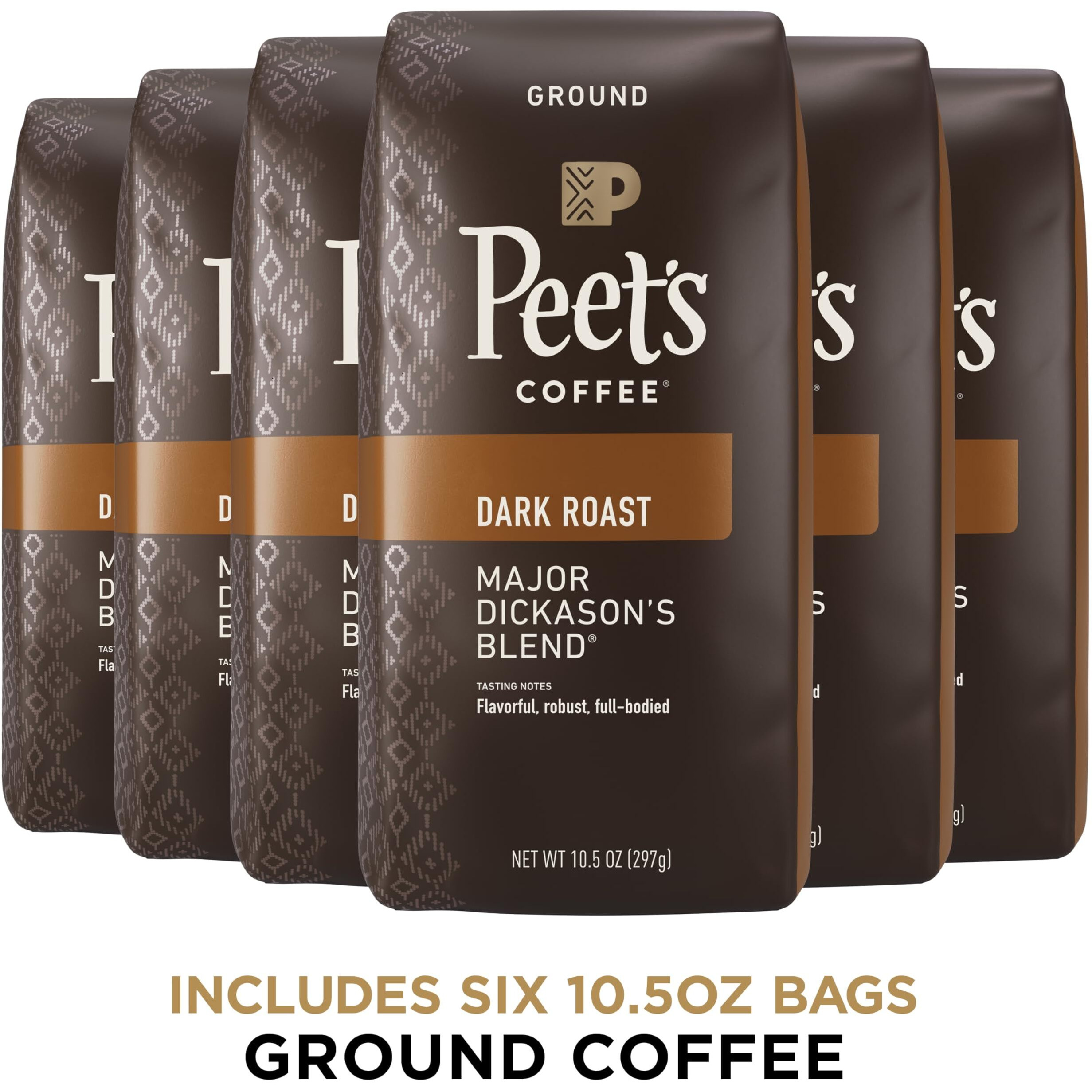 Peet's Coffee, Dark Roast Ground Coffee - Major Dickason's Blend 63 Ounces (6 Bags Of 10.5 Ounces)