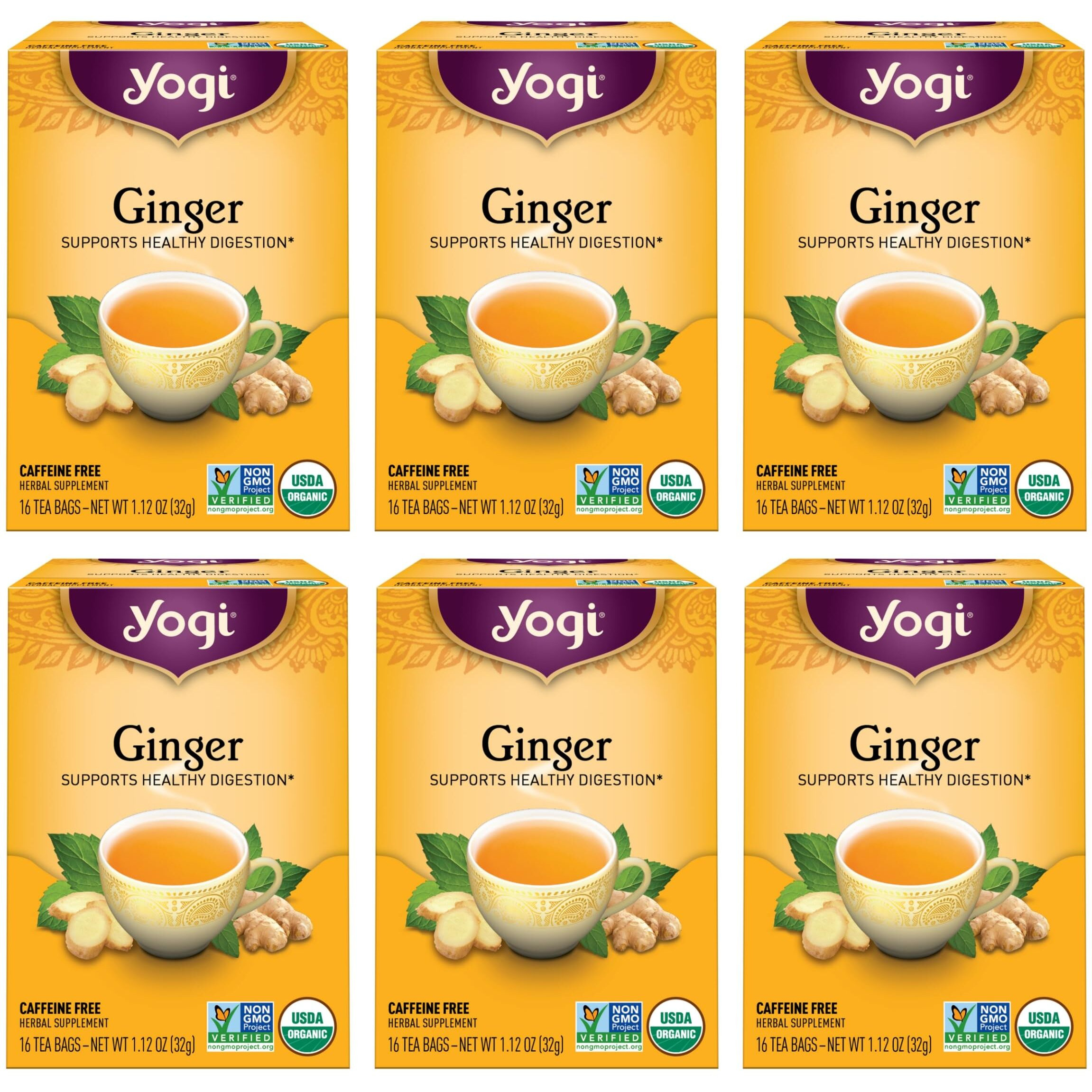 Yogi Tea - Ginger Tea (6 Pack) - Supports Healthy Digestion - Soothing And Spicy Blend - Caffeine Free - 96 Organic Herbal Tea Bags