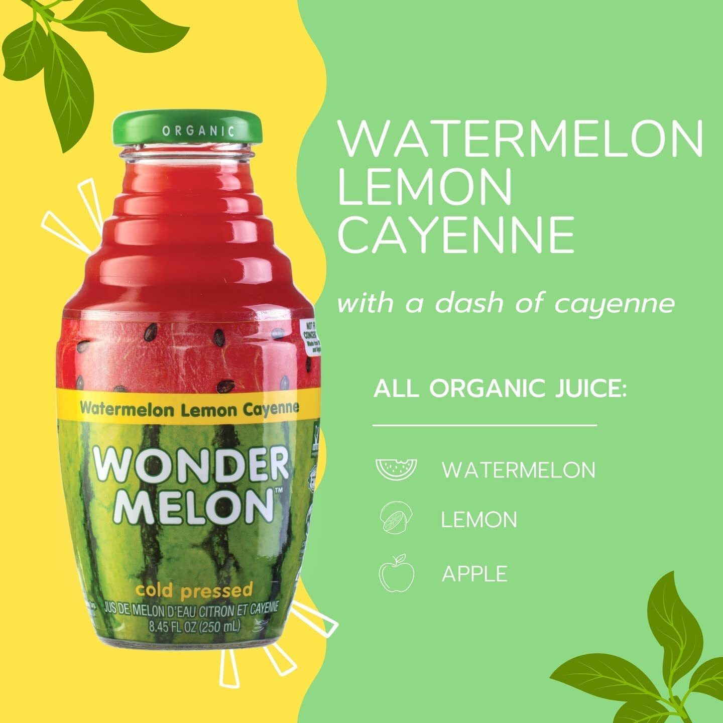 Wonder Melon Organic Watermelon Juice With Lemon & Cayenne, 8.45Oz (6 Pack) 100% Juice, Cold Pressed