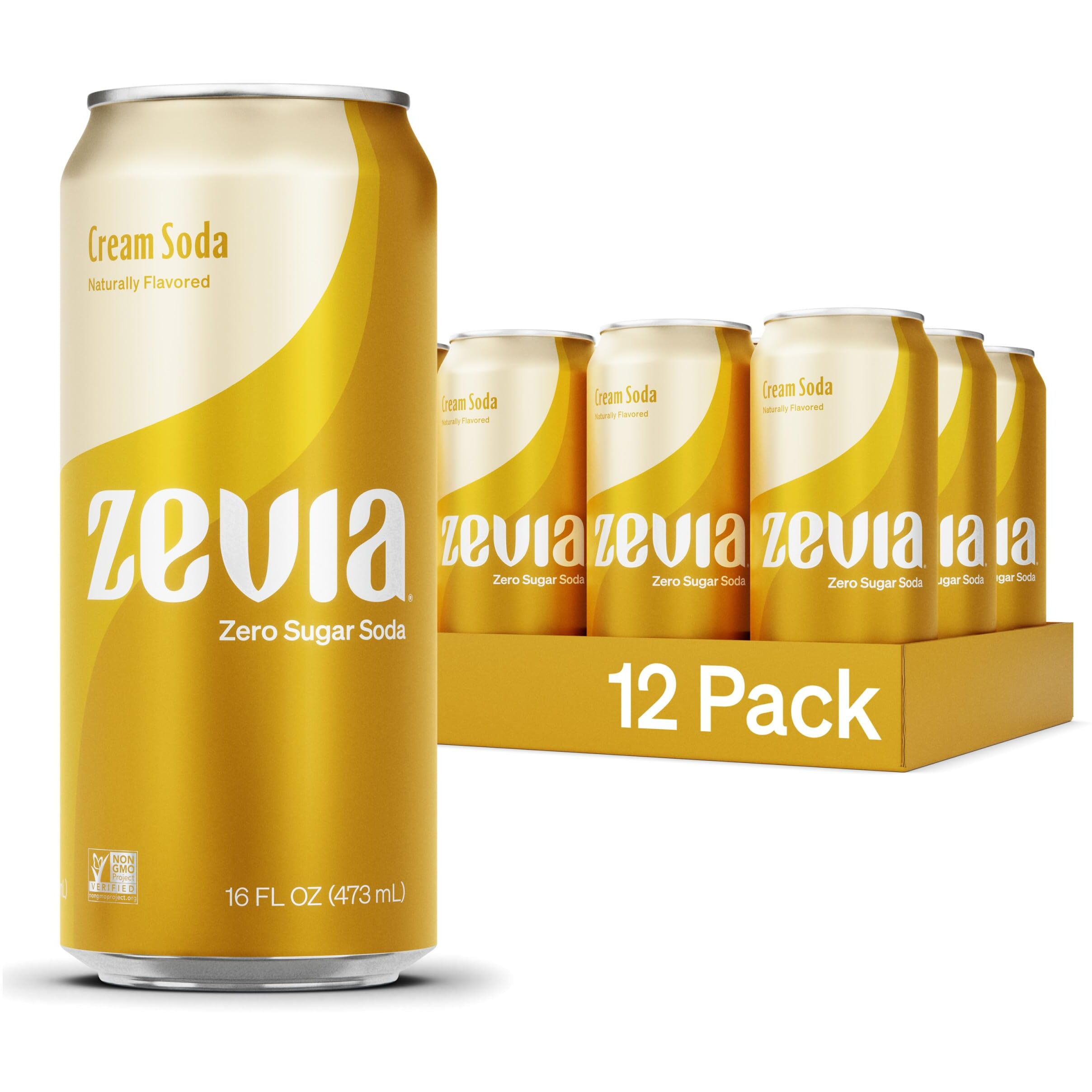 Zevia Zero Sugar Soda, Cream Soda, 16 Oz Cans (12-Pack) - Naturally Sweetened, Zero Calorie Sugar Free Soda - Non-Gmo Project Verified, Gluten-Free, Vegan