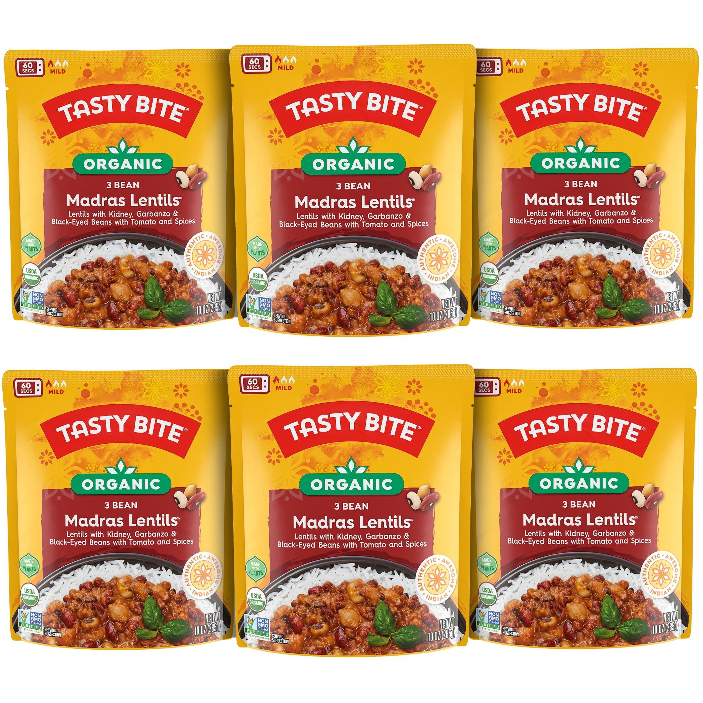 Tasty Bite Organic 3 Bean Madras Lentils, 10 Ounce, Pack Of 6, Simmered With Tomato & Spices, Ready To Eat, Microwavable