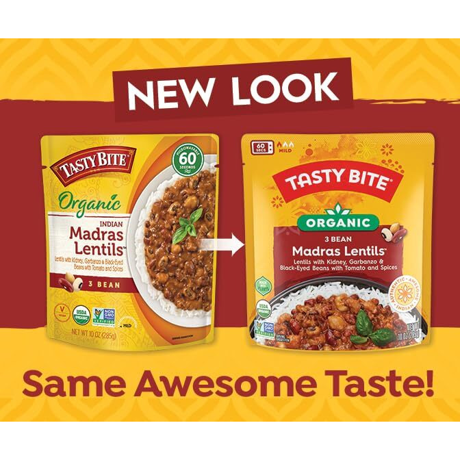 Tasty Bite Organic 3 Bean Madras Lentils, 10 Ounce, Pack Of 6, Simmered With Tomato & Spices, Ready To Eat, Microwavable
