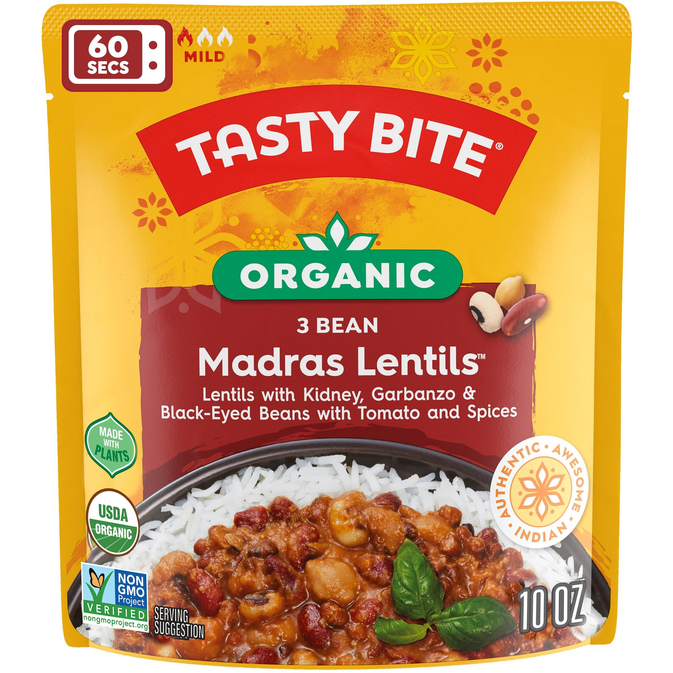 Tasty Bite Organic 3 Bean Madras Lentils, 10 Ounce, Pack Of 6, Simmered With Tomato & Spices, Ready To Eat, Microwavable