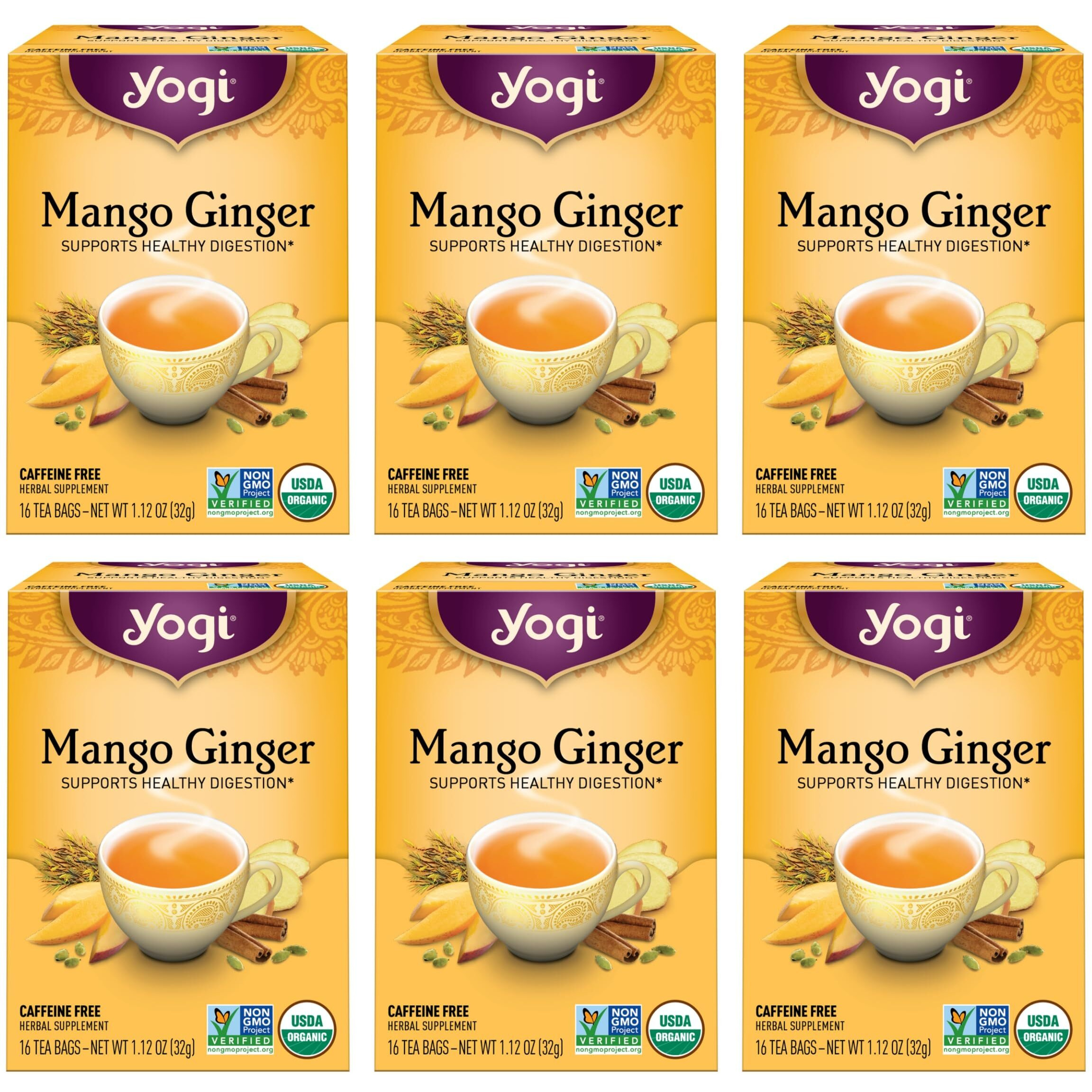Yogi Tea Mango Ginger Tea - 16 Tea Bags Per Pack (6 Packs) - Organic Ginger Root Tea To Support Healthy Digestion - Contains Antioxidants - Includes Cinnamon Bark, Rooibos Leaf, Mango Flavor & More