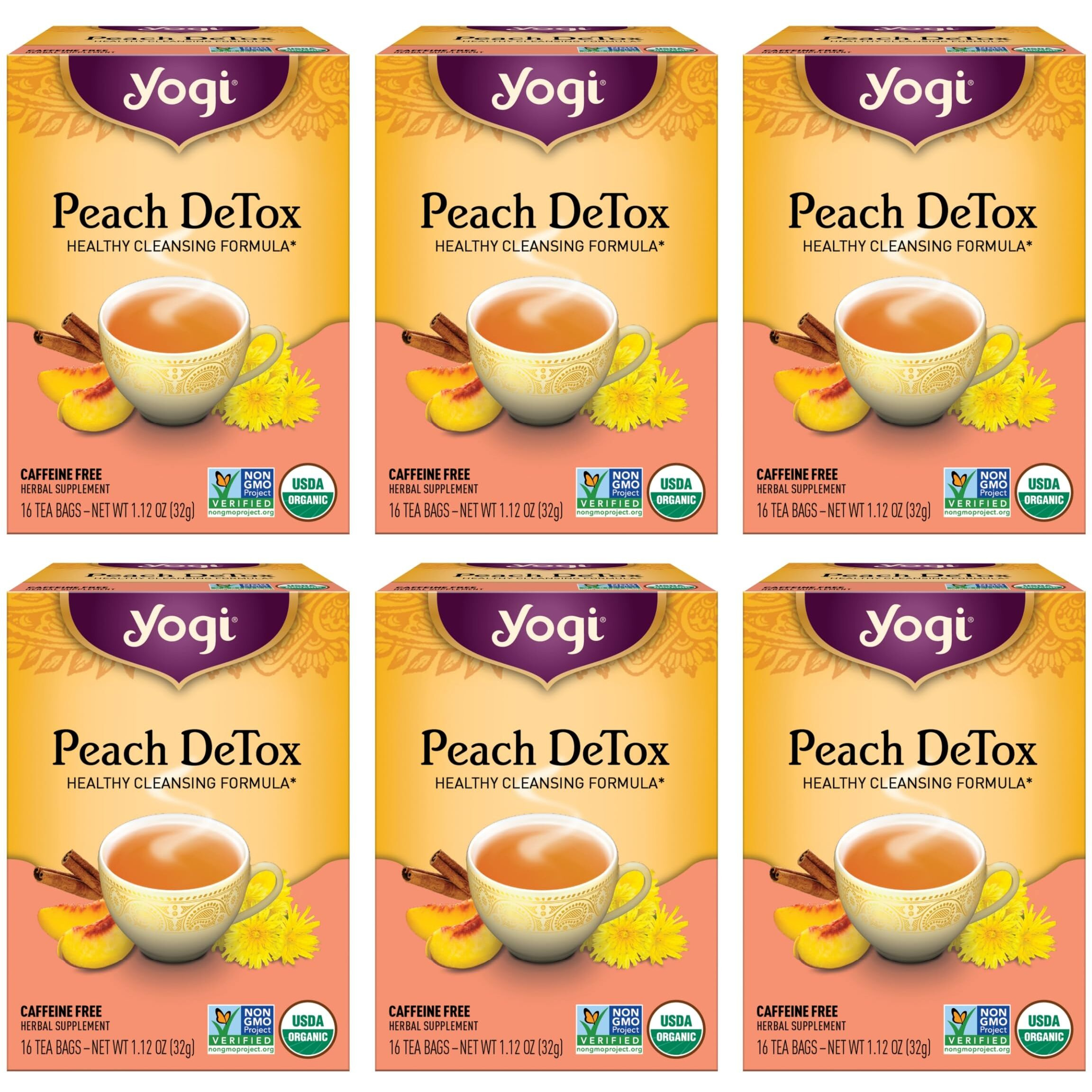 Yogi Tea - Peach Detox Tea (6 Pack) - Healthy Cleansing Formula With Traditional Ayurvedic Herbs - Caffeine Free - 96 Organic Herbal Tea Bags