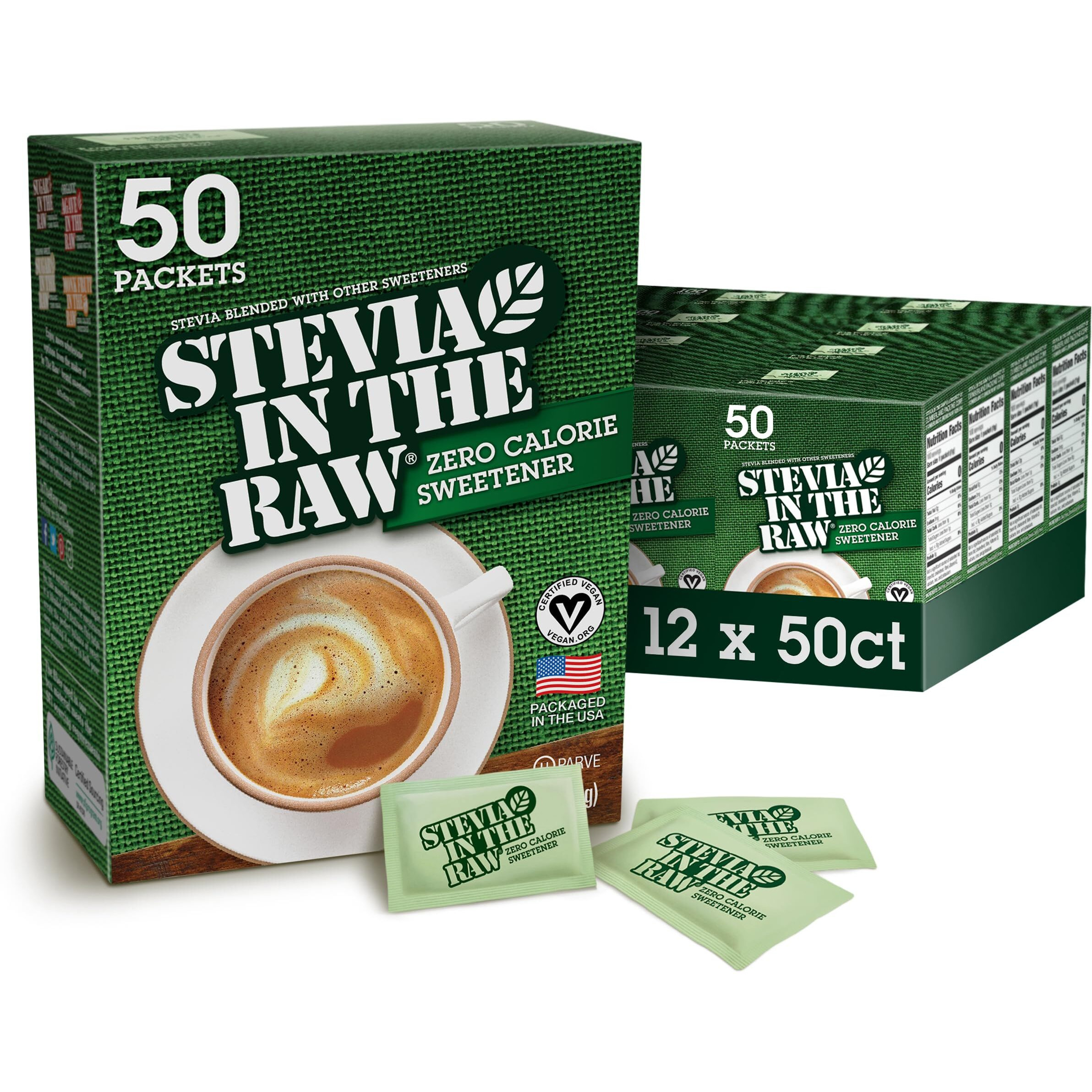 Stevia In The Raw, Plant Based Zero Calorie, Sugar Substitute, No Erythritol, Sugar-Free Sweetener For Coffee, Hot & Cold Drinks, Suitable For Diabetics, Vegan, Gluten-Free, 50 Count Packets (12 Pack)