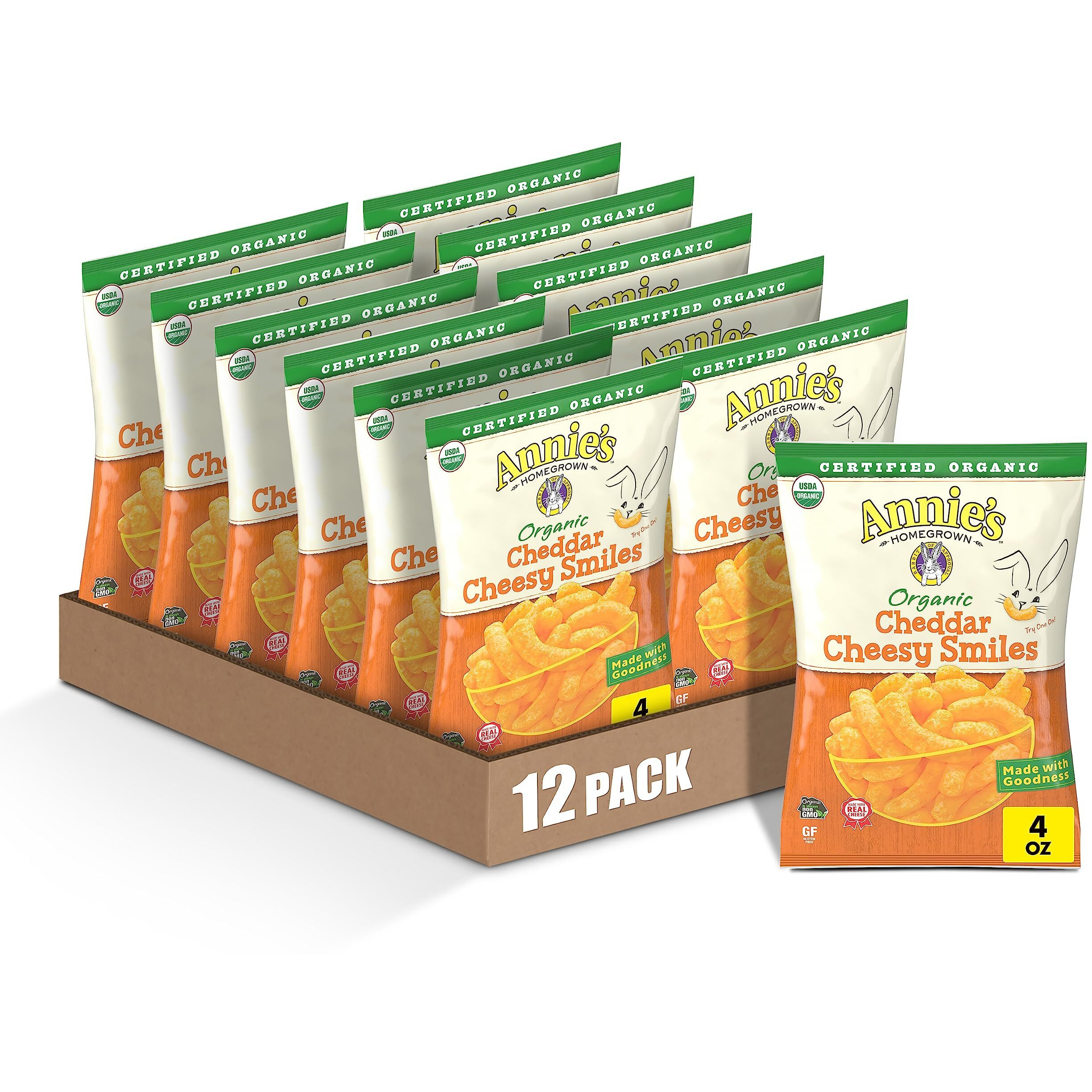 Annie's Organic Cheddar Cheesy Smiles, Baked Corn Puffs, Gluten Free, 4 Oz (Pack Of 12)