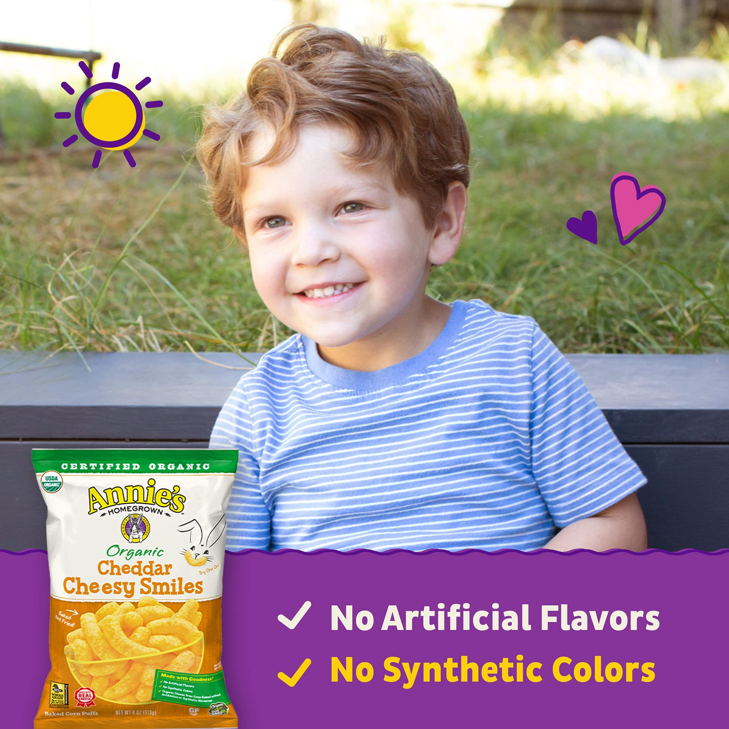 Annie's Organic Cheddar Cheesy Smiles, Baked Corn Puffs, Gluten Free, 4 Oz (Pack Of 12)