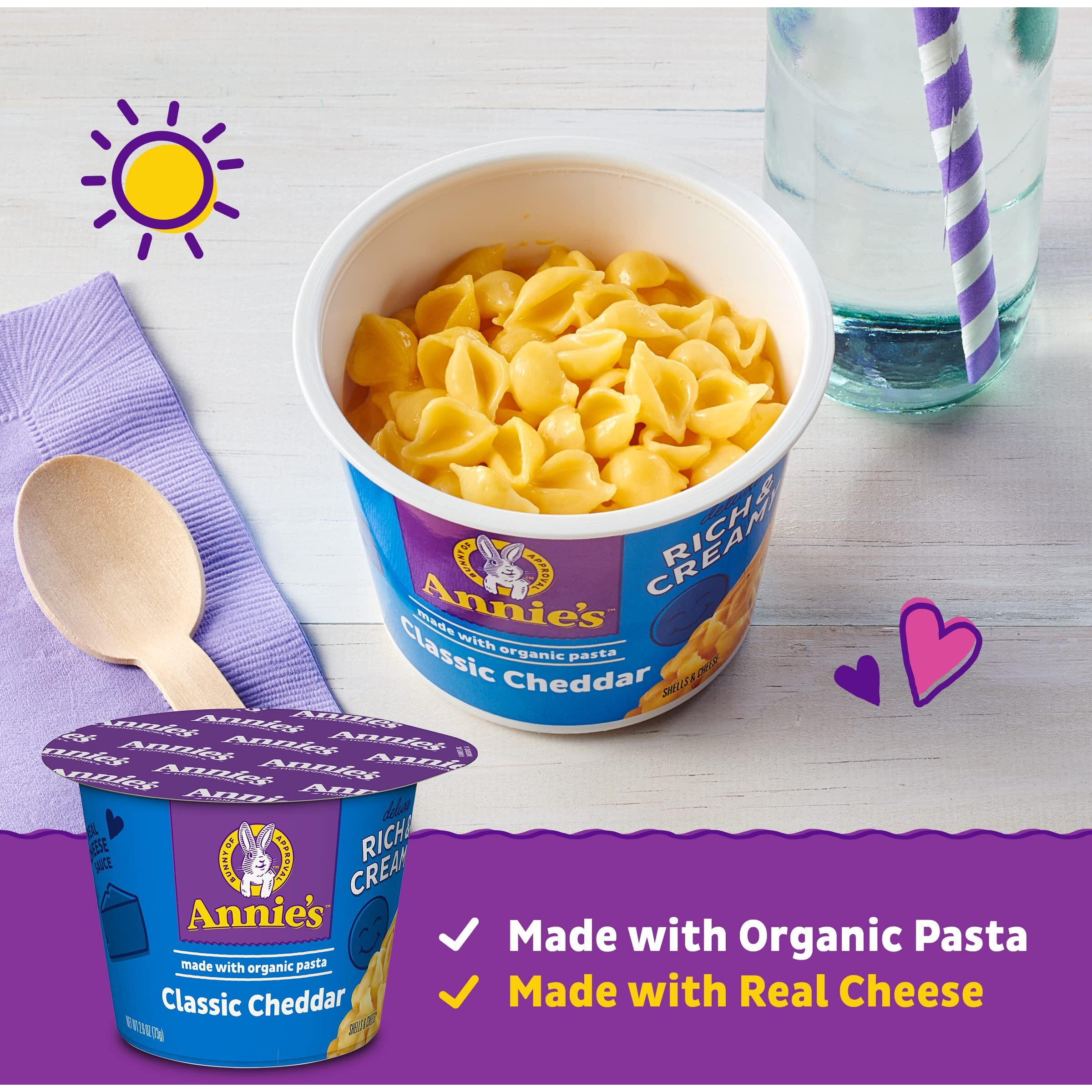 Annie's Microwavable Macaroni And Cheese Cups, Deluxe Rich And Creamy, Shells And Classic Cheddar, 1 Cup (Pack Of 12)