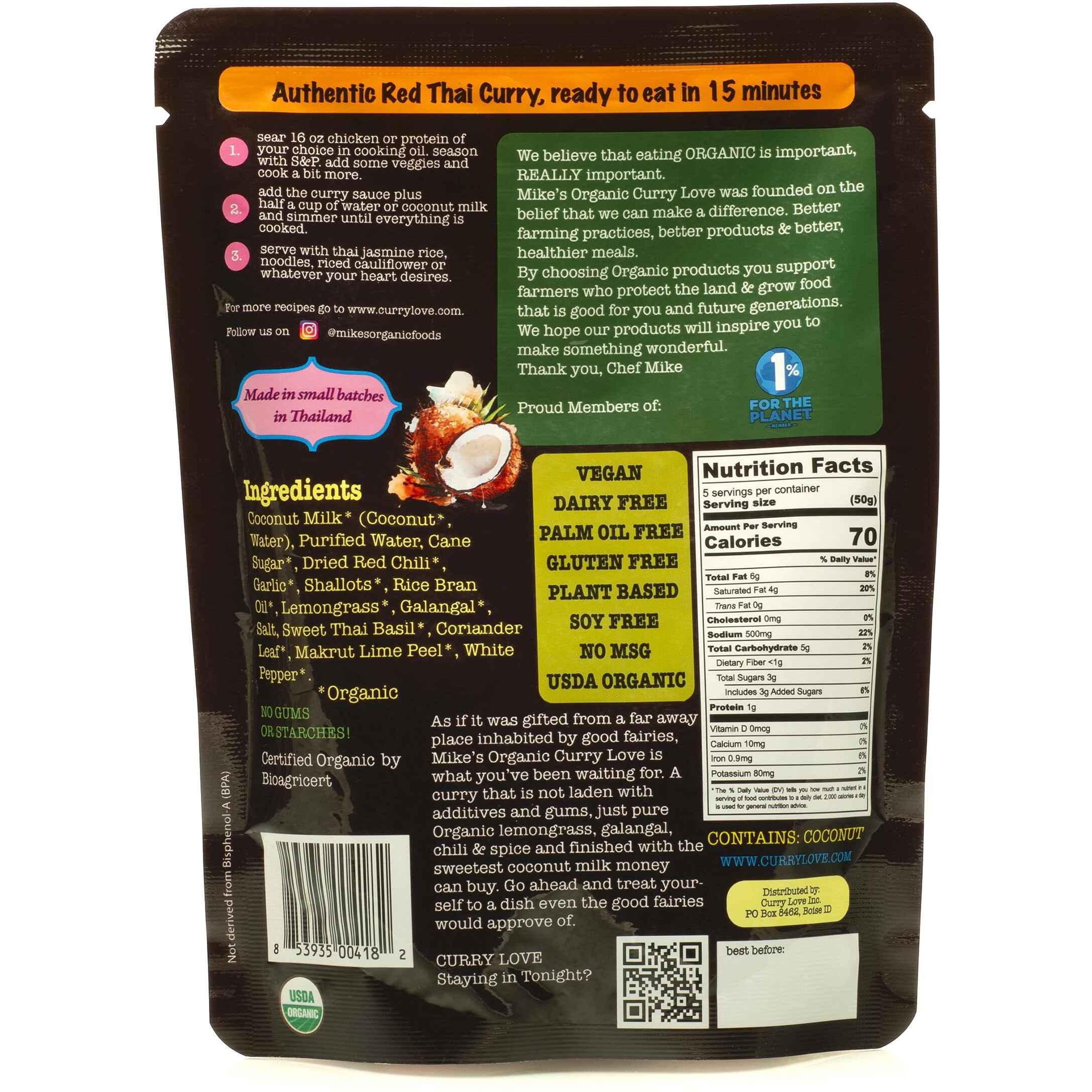 Mike's Organic Red Thai Curry Sauce Made In Thailand, Authentic & Premium | 6 X 8.8 Oz Pouches