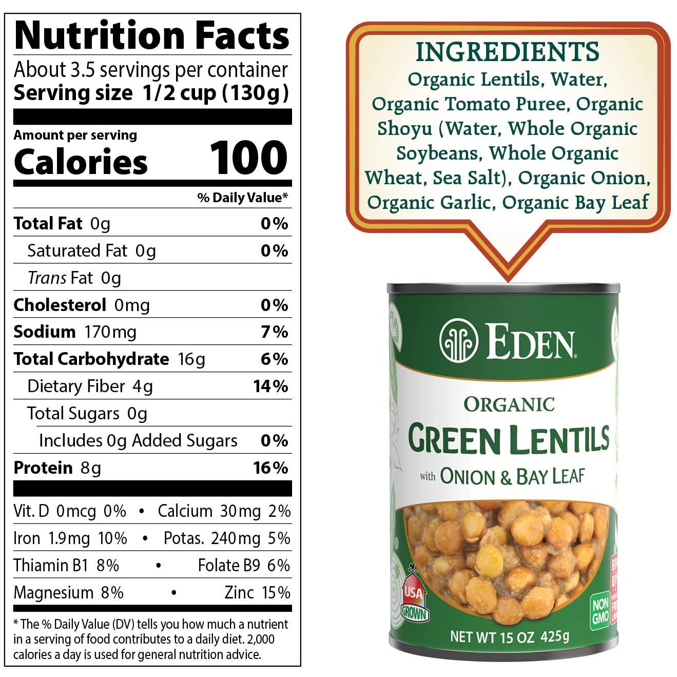 Eden Organic Green Lentils With Onion And Bay Leaf, 15 Oz Can (12-Pack Case), Non-Gmo, Vegan, Kosher, U.S. Grown, Heat And Serve, Add Water For Easy Soup