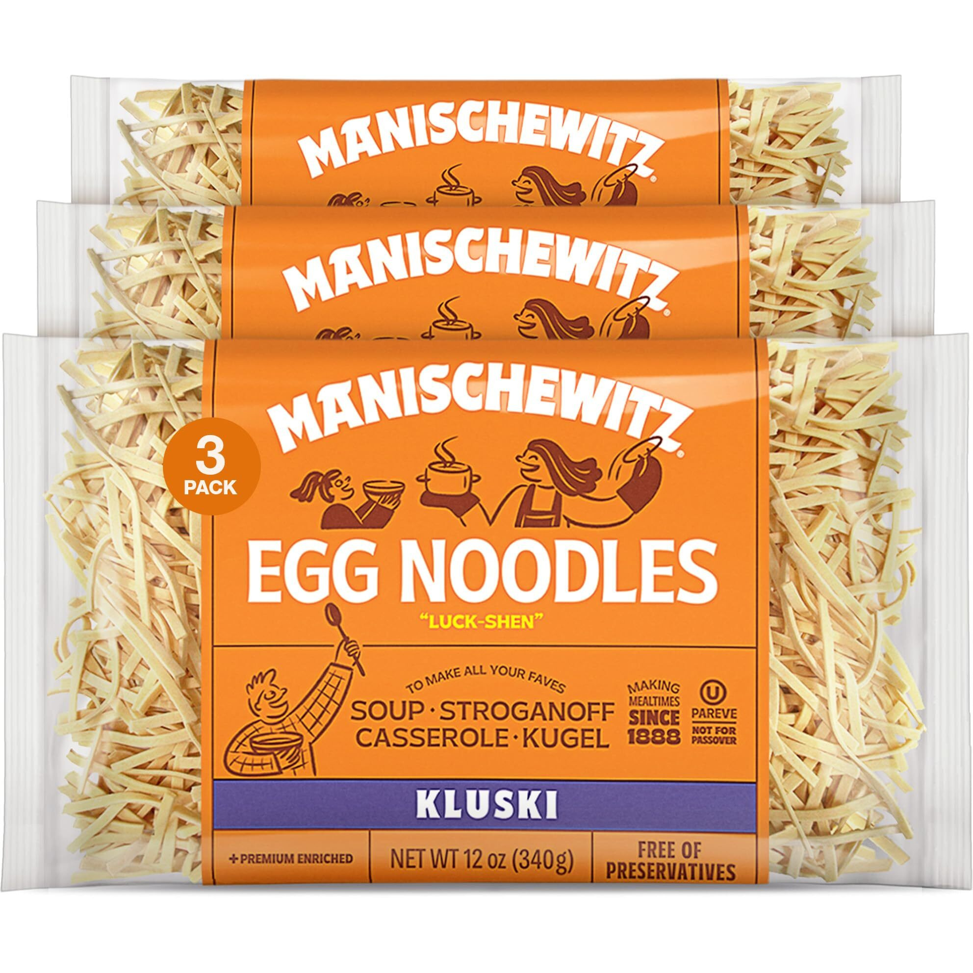 Manischewitz Kluski Egg Noodles 12Oz (3 Pack) | Homestyle Taste & Texture, Premium Enriched, Low Sodium, No Preservatives