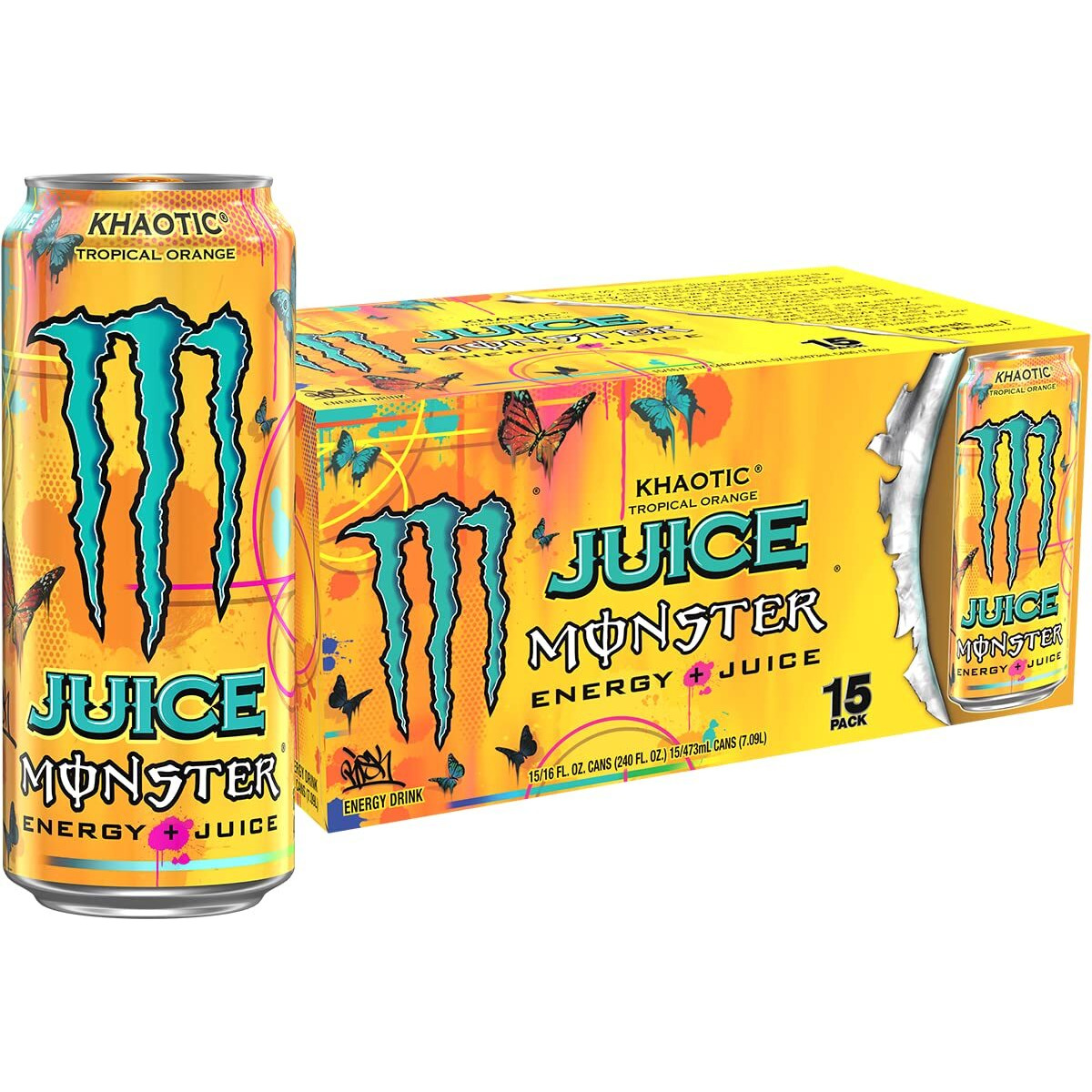 Monster Energy Juice Monster Khaotic Tropical Orange Energy + Juice Energy Drink 16 Ounce (Pack Of 15)