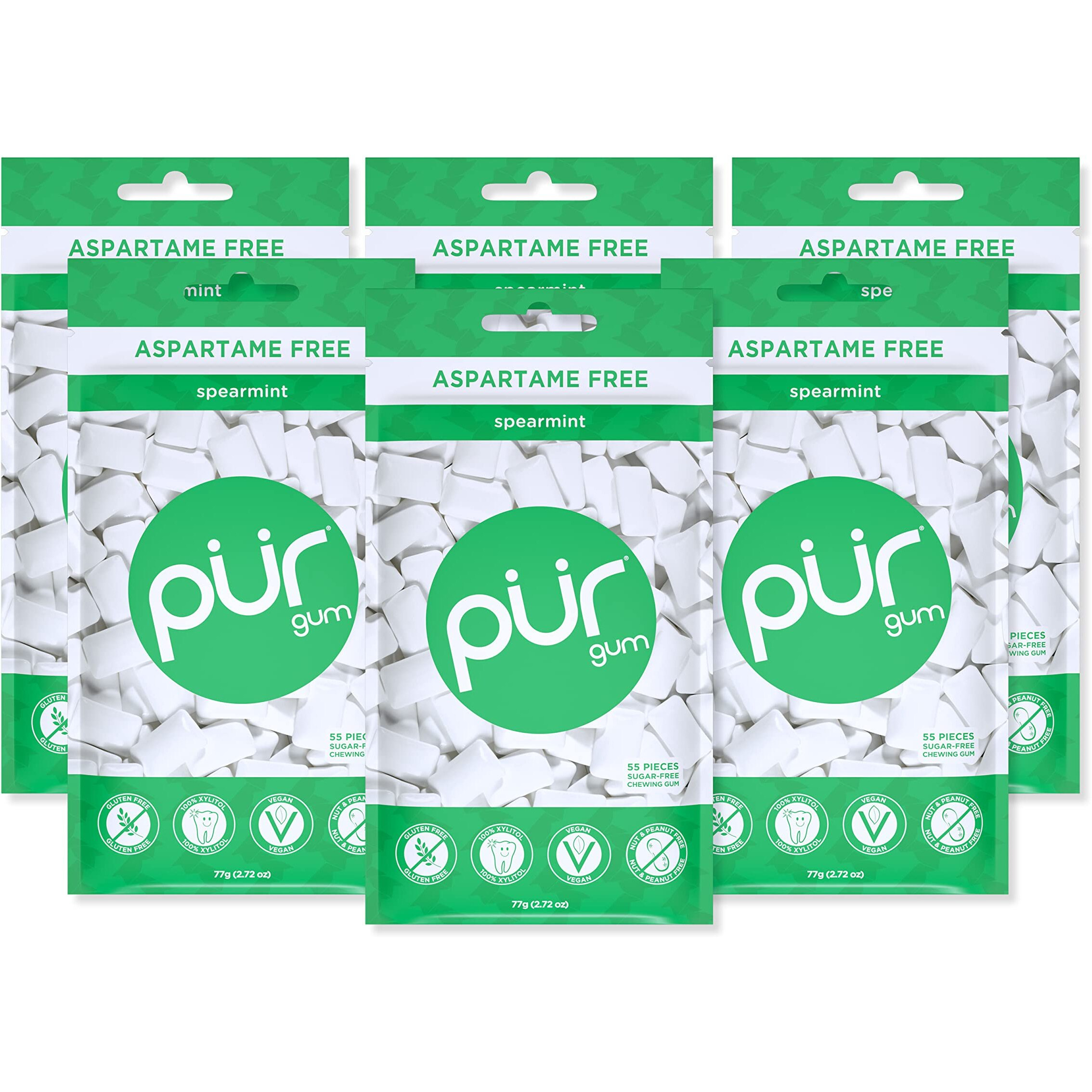 Pur Gum  Sugar Free Chewing Gum  100% Xylitol  Vegan Aspartame Free Gluten Free & Diabetic Friendly  Natural Spearmint Flavored Gum 55 Pieces (Pack Of 6)
