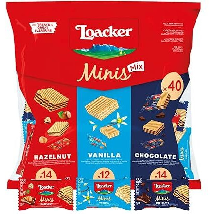 Loacker Minis Wafer Variety Pack - 30% Less Sugar - Premium Assorted Cream Filled Wafer Cookies - Mix Of Hazelnut, Chocolate And Vanilla Crispy Wafers - Non-Gmo - Sustainably Sourced Ingredients - 10G/0.35Oz, 40 Individually Wrapped Snack Packs (Mix)