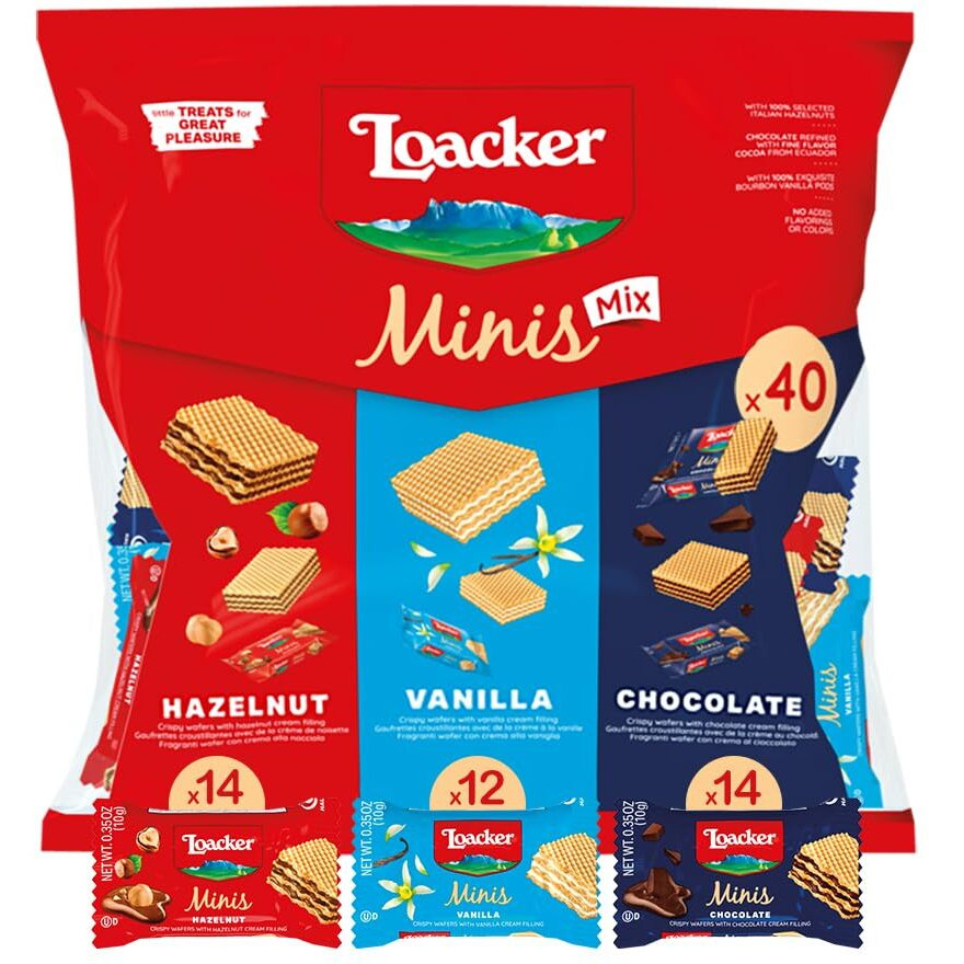 Loacker Minis Wafer Variety Pack - 30% Less Sugar - Premium Assorted Cream Filled Wafer Cookies - Mix Of Hazelnut, Chocolate And Vanilla Crispy Wafers - Non-Gmo - Sustainably Sourced Ingredients - 10G/0.35Oz, 40 Individually Wrapped Snack Packs (Mix)
