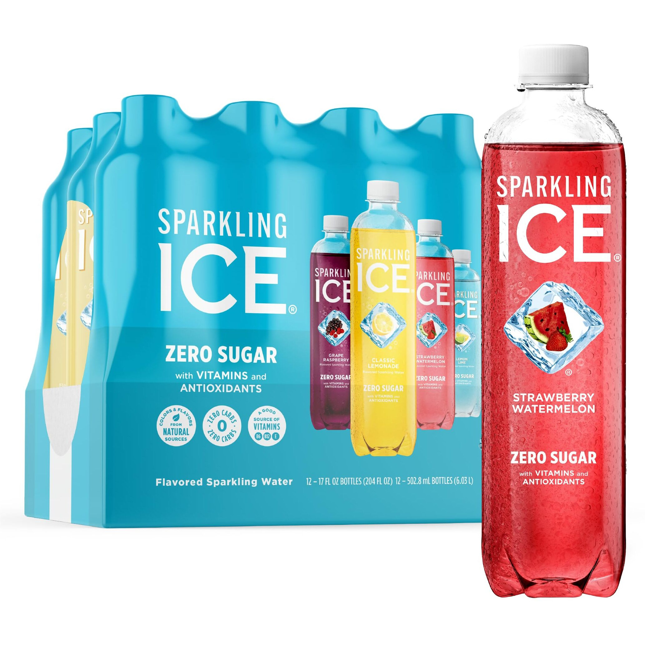 Sparkling Ice Blue Variety Pack, Zero Sugar Sparkling Water, With Vitamins And Antioxidants, 17 Fl Oz, 12 Count (Classic Lemonade, Strawberry Watermelon, Grape Raspberry, Lemon Lime)