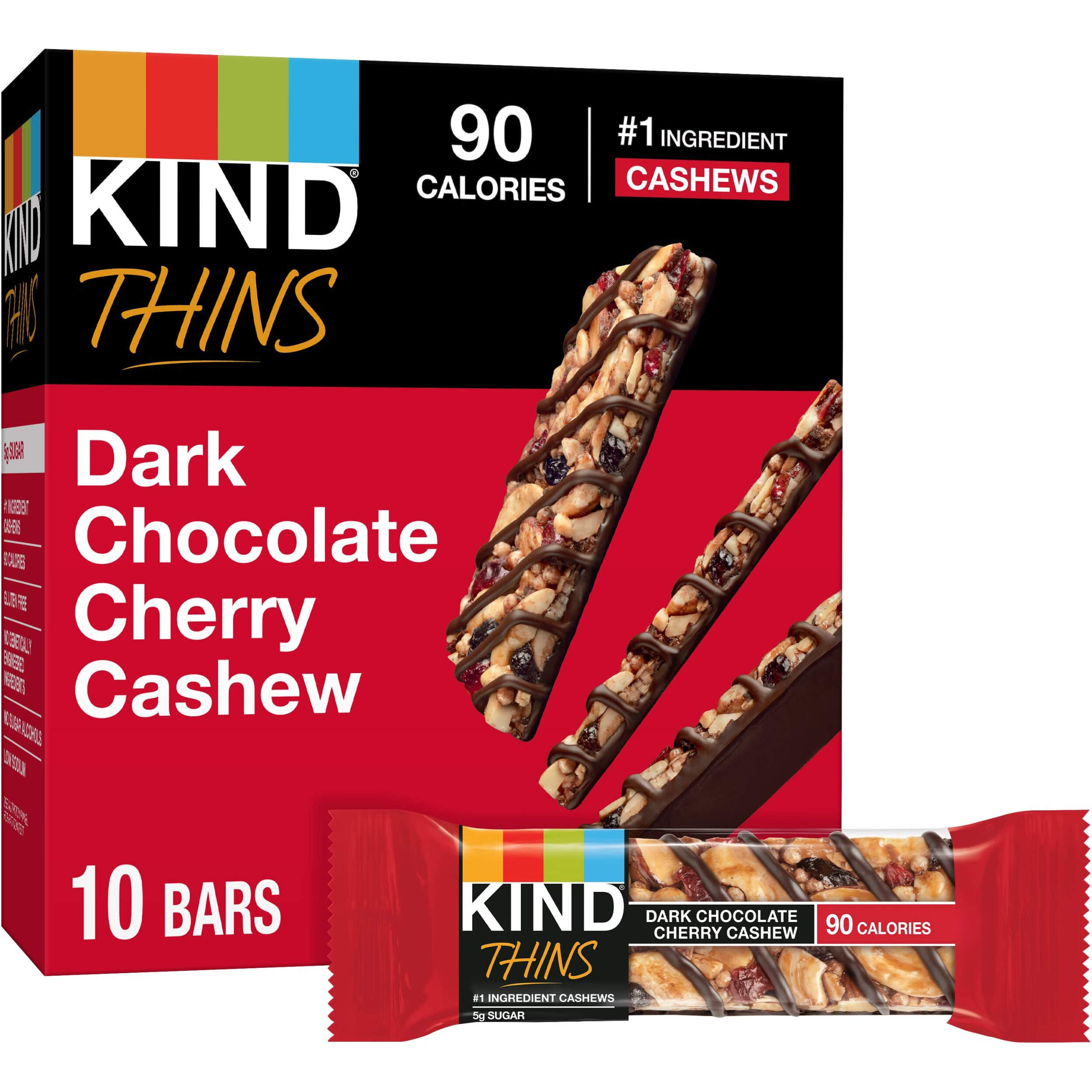 Kind Thins Dark Chocolate Cherry Chashew Bars, Gluten Free, 5G Sugar, 0.74 Oz Bars, 10 Count