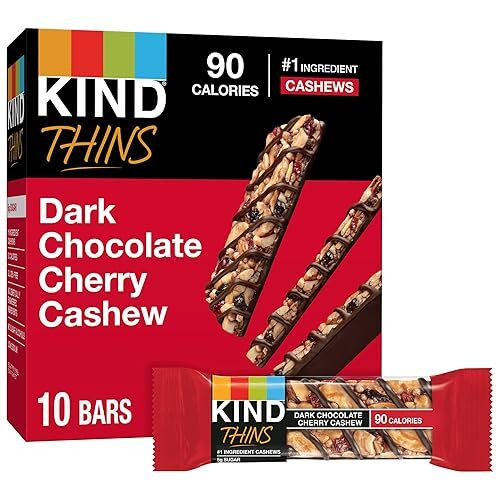 Kind Thins Dark Chocolate Cherry Chashew Bars, Gluten Free, 5G Sugar, 0.74 Oz Bars, 10 Count