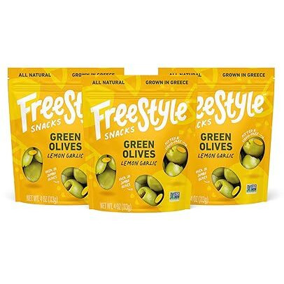 Freestyle Snacks Olive Snack Packs - Fresh Pitted Green Olives, Jumbo-Sized, Grown In Greece, All Natural, Non-Gmo, Paleo, Sugar-Free, Keto Snacks, Low Calorie Snacks - Lemon Garlic, 4Oz (3 Pack)