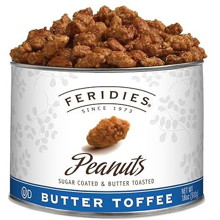Feridies Butter Toffee Candied Peanuts, Buttered Toffee Coated Peanuts, Ou-Dairy Kosher Certified, All Natural, Cholesterol Free - 18 Oz Tin