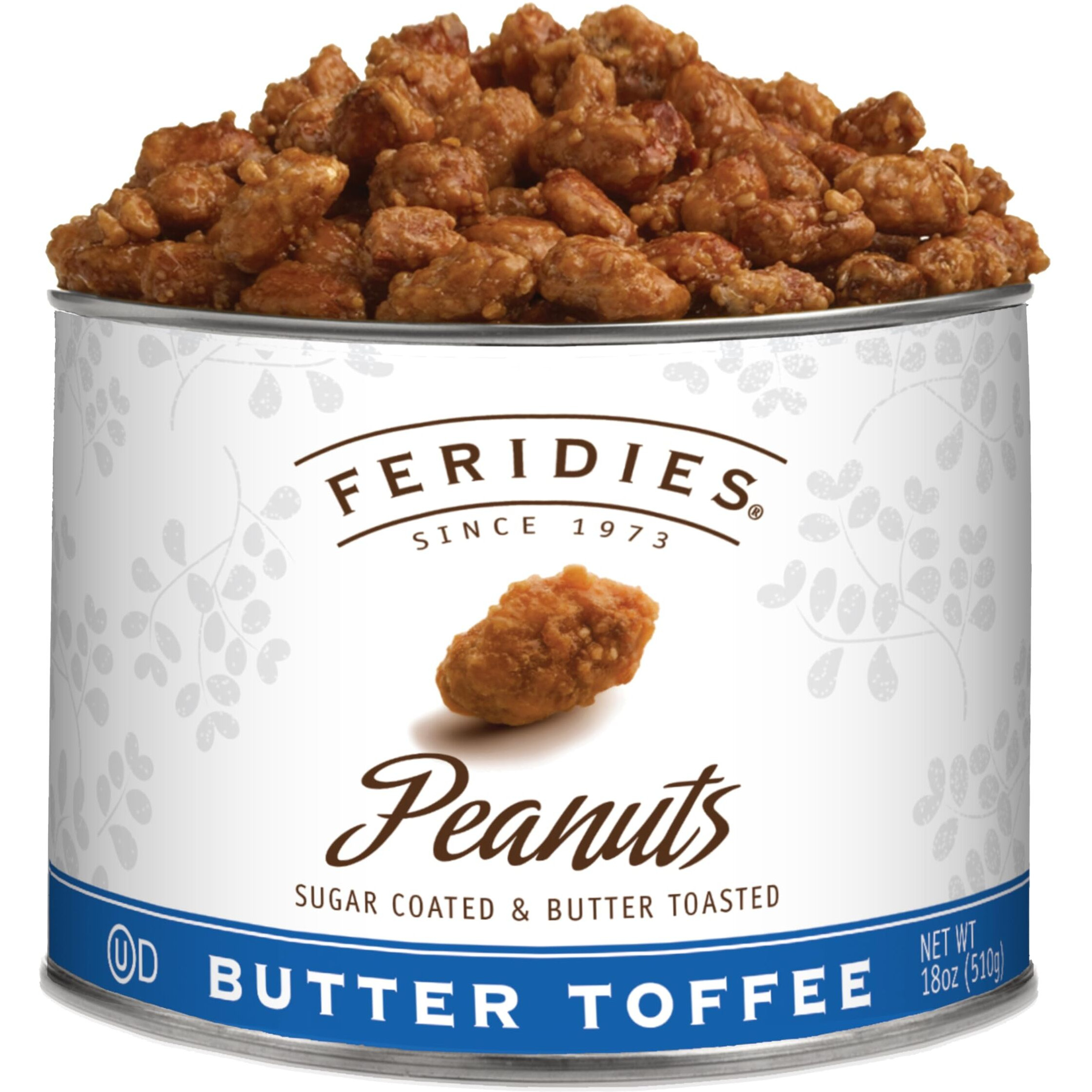 Feridies Butter Toffee Candied Peanuts, Buttered Toffee Coated Peanuts, Ou-Dairy Kosher Certified, All Natural, Cholesterol Free - 18 Oz Tin