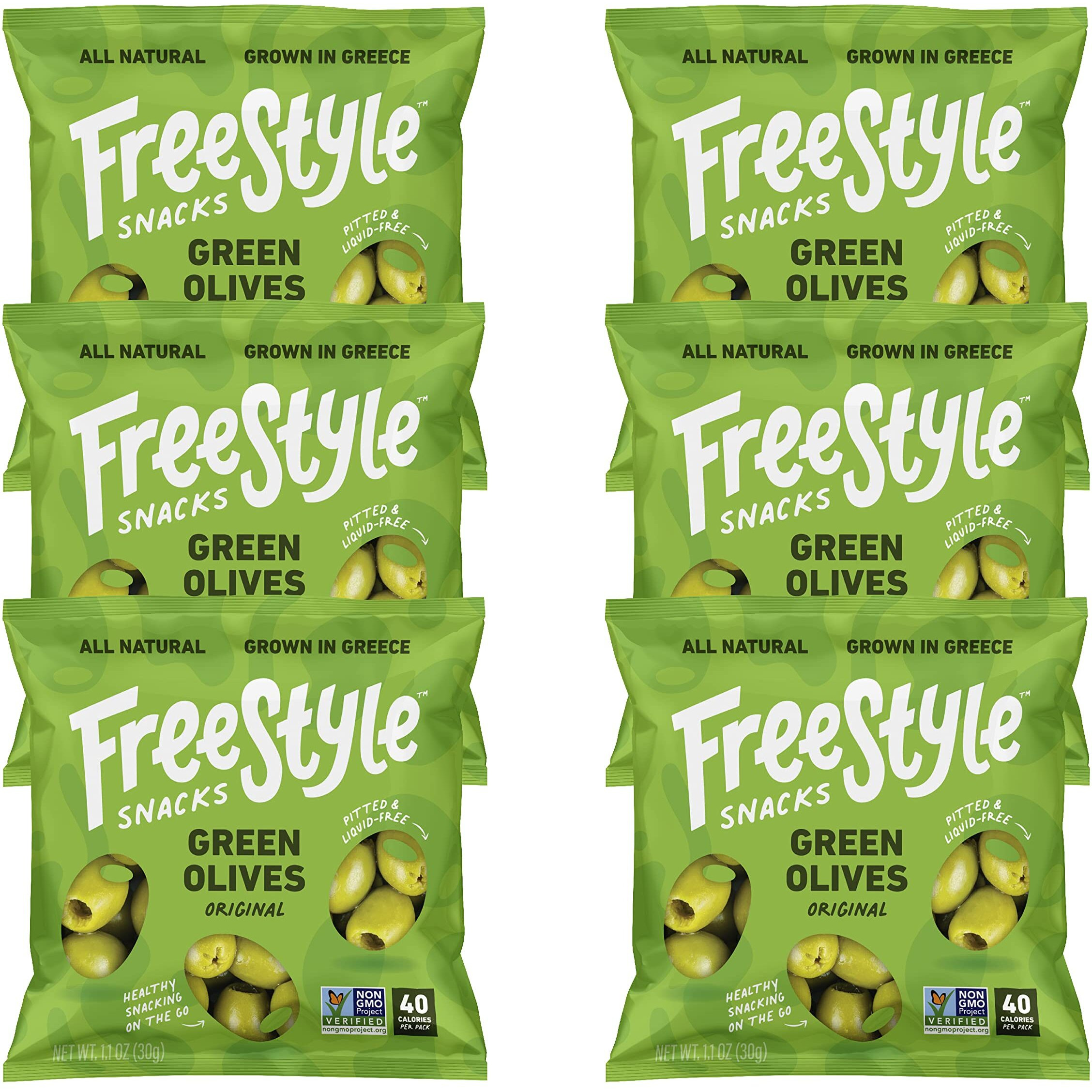 Freestyle Snacks Olive Snack Packs - Single Serve - Fresh Pitted Green Olives, Jumbo-Sized, Grown In Greece, All Natural, Non-Gmo, Paleo, Sugar-Free, Keto, Salty Snack - Original, 1.1Oz (6 Pack)