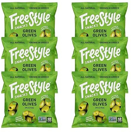 Freestyle Snacks Olive Snack Packs - Single Serve - Fresh Pitted Green Olives, Jumbo-Sized, Grown In Greece, All Natural, Non-Gmo, Paleo, Sugar-Free, Keto, Salty Snack - Original, 1.1Oz (6 Pack)