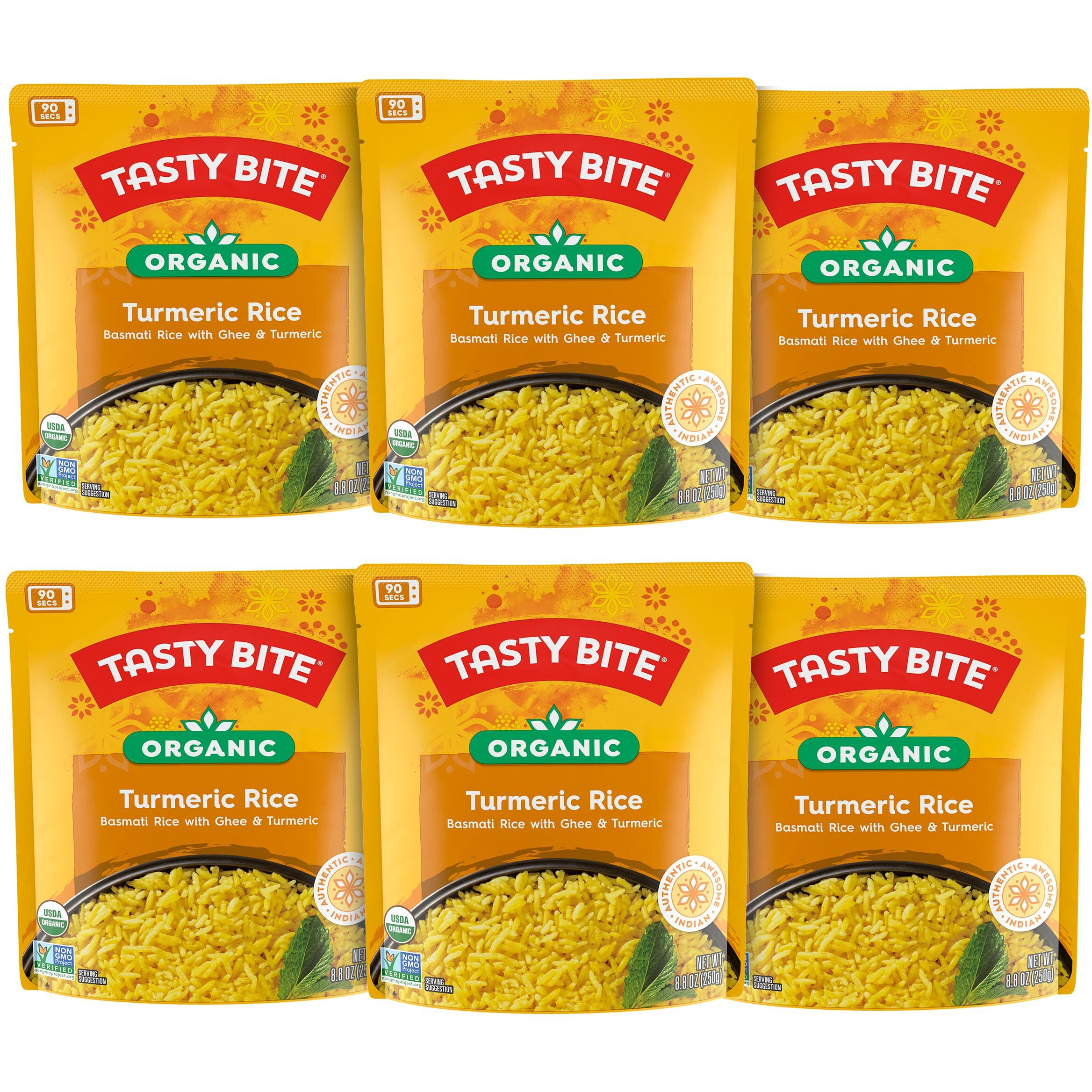 Tasty Bite Organic Turmeric Rice, 8.8 Ounce, Pack Of 6, Ready To Eat, Microwavable, Vegetarian, Gluten-Free