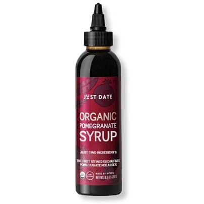 Just Date Organic Pomegranate Syrup / 100% Natural / Organic Pomegranate Molasses / Healthy Alternative For Sugar, Honey Or Maple / Low Glycemic Index & Packed With Nutrition / 8.8 Oz Squeeze Bottle