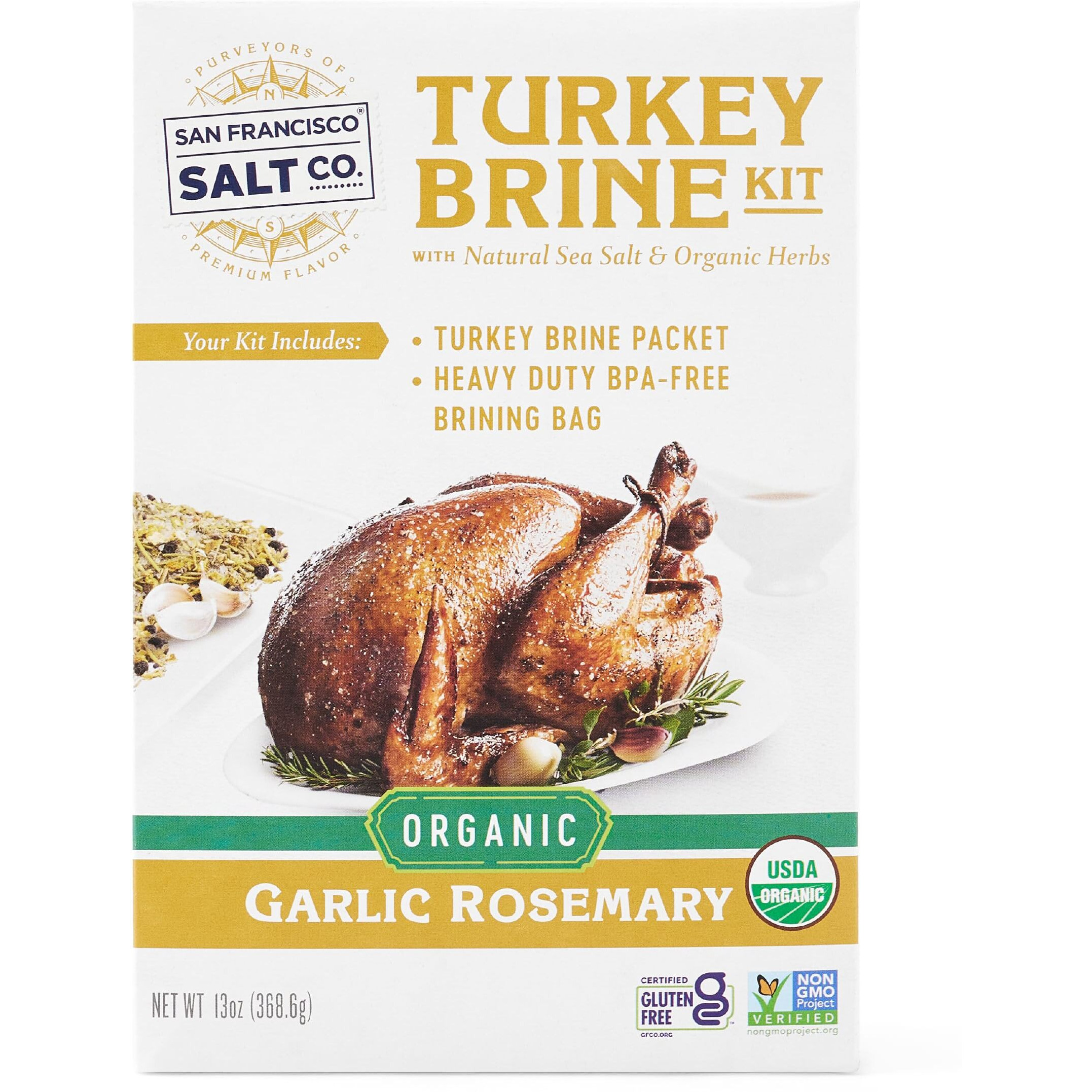 Organic Turkey Brine Kit - 13 Oz. Garlic Rosemary Brine With Bpa-Free Brine Bag For Whole, Smoked, Oven-Roasted Or Fried Turkey By San Francisco Salt Company