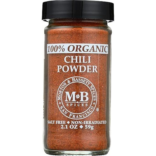 Morton & Bassett 100% Organic Chili Powder | Robust Blend For Tacos, Chili & Tex-Mex Dishes | Gluten Free, Salt Free, Non-Gmo | 2.1 Oz Jar