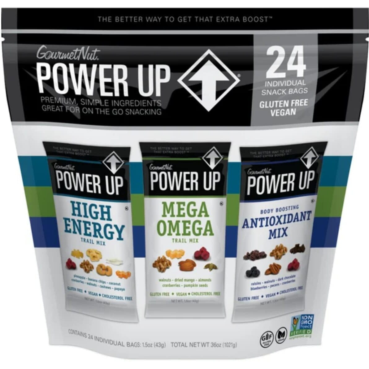 Power Up Premium Trail Mix - Variety Pack 24Pk - 1.5Oz Antioxidant, Mega Omega, High Energy - Gluten Free, Vegan, Non-Gmo