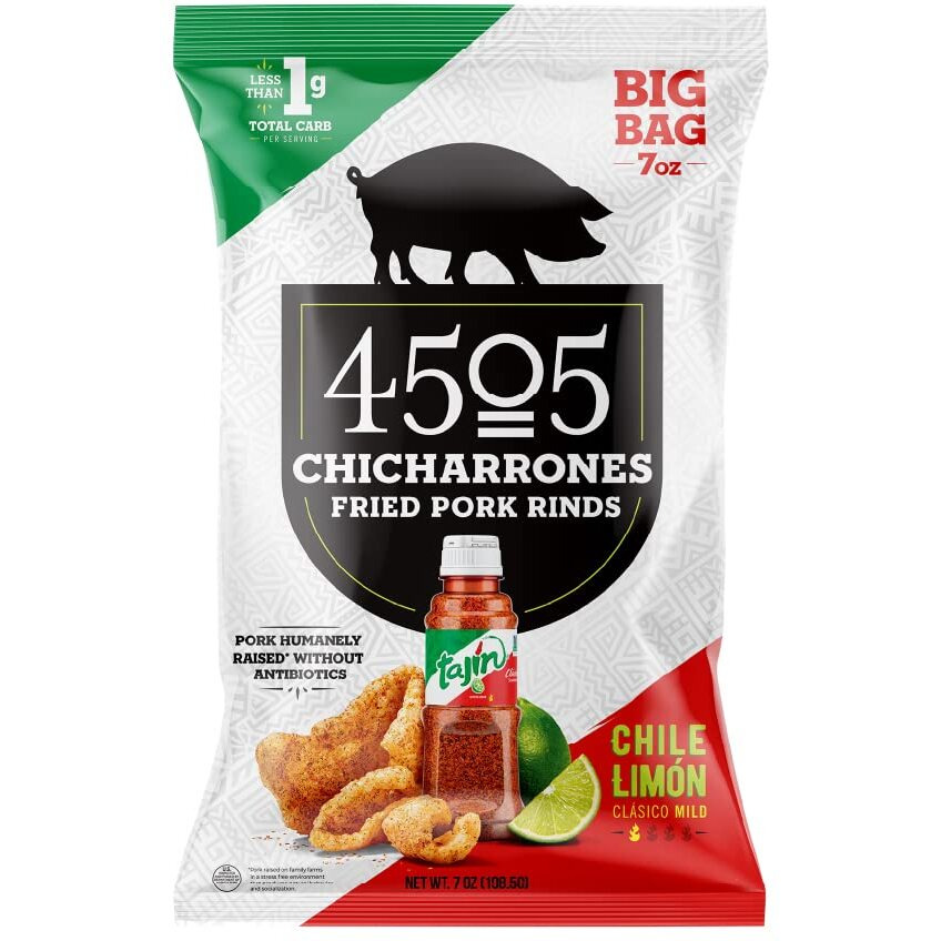 4505 Meats Tajin Chicharrones Fried Pork Rinds Keto Certified Family Size Bag 14 Servings 7 Ounce Bag