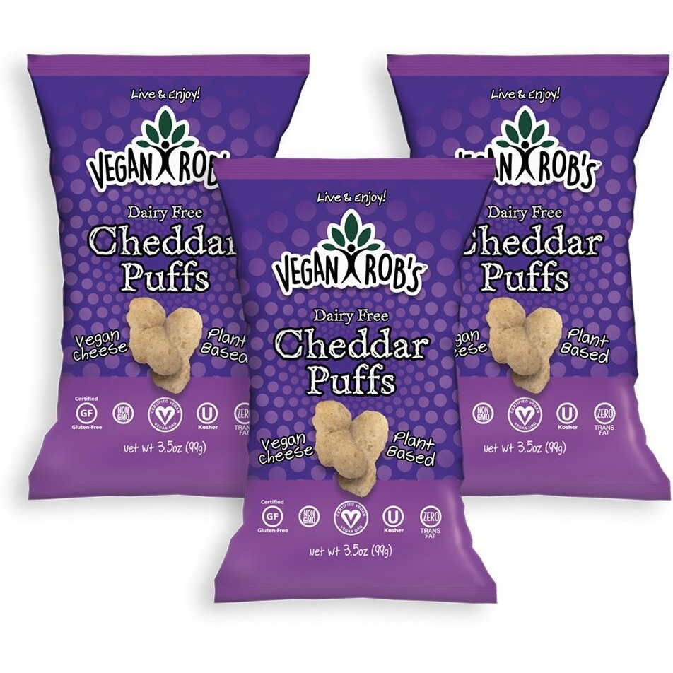 Vegan Rob's Plant Based Dairy Free Cheddar Puffs Certified Gluten Free Kosher(Ou) Kosher 3.5 Oz - 3 Pack