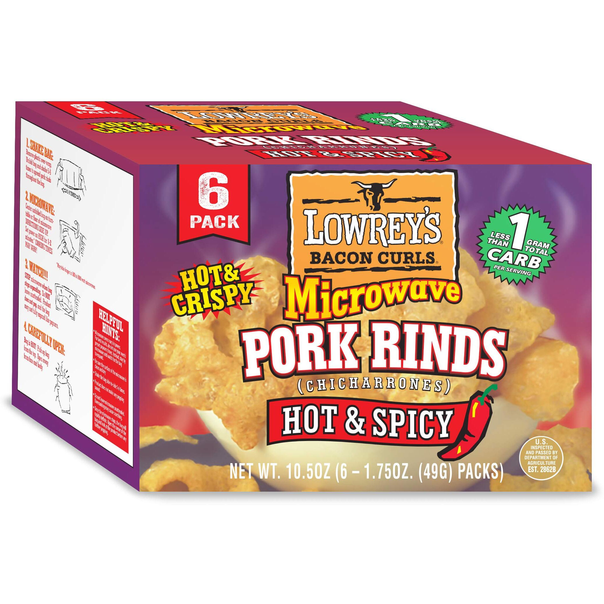 Lowreys Bacon Curls Microwave Pork Rinds (Chicharrones) Hot And Spicy 1.75 Ounce (Pack Of 6)